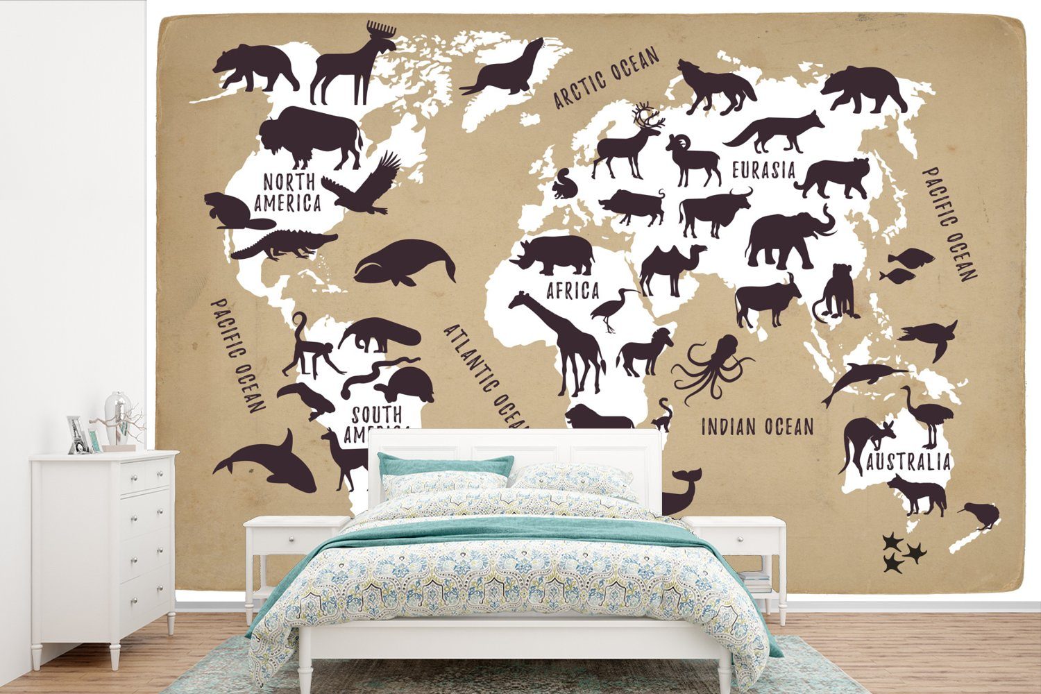 MuchoWow Fototapete Weltkarte - Sepia - Tiere, Matt, bedruckt, (6 St), Wallpaper für Wohnzimmer, Schlafzimmer, Kinderzimmer, Vinyl Tapete