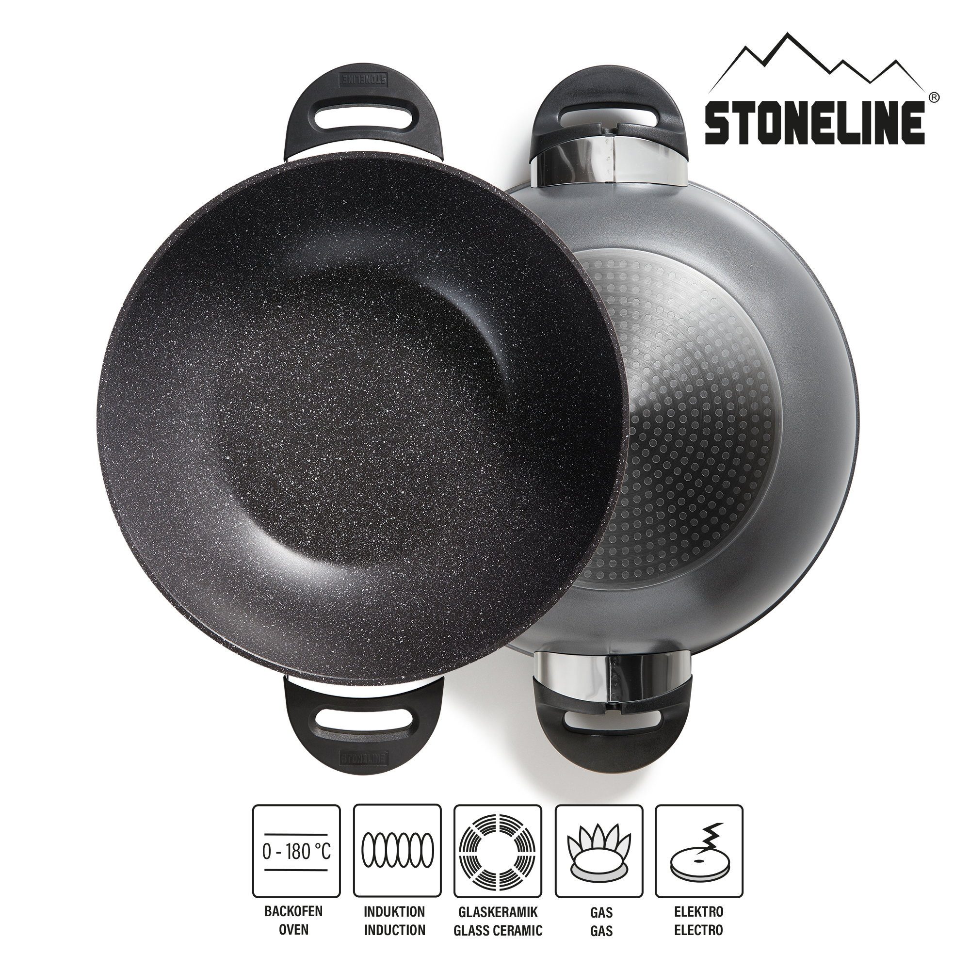 STONELINE Wok, Aluminiumguss (2-tlg), mit echten Steinpartikeln, induktionsgeeignet, Designed in Germany