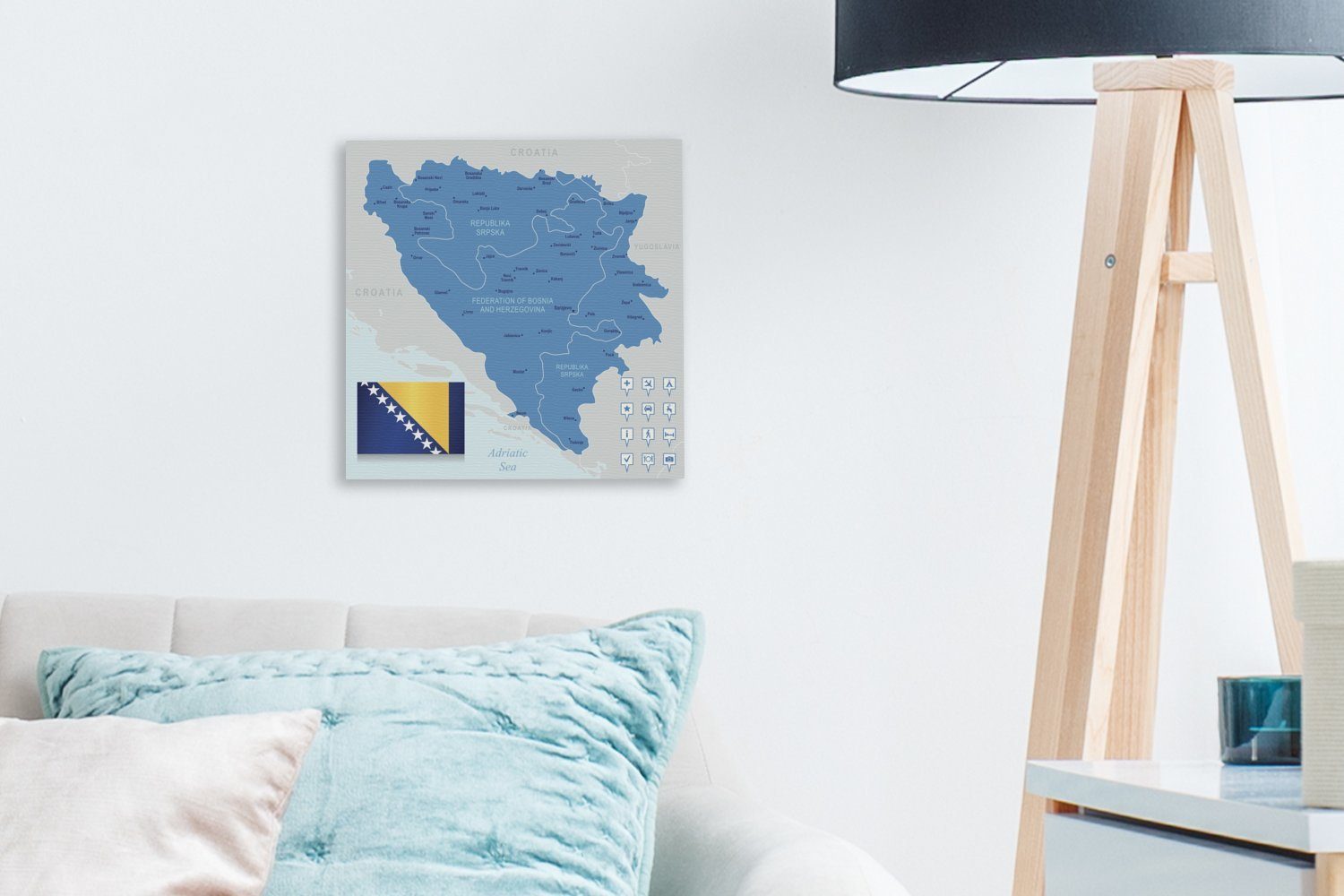 für OneMillionCanvasses® Herzegowina und Illustration Blau, Schlafzimmer Leinwand (1 Leinwandbild von Bosnien St), in Wohnzimmer Bilder