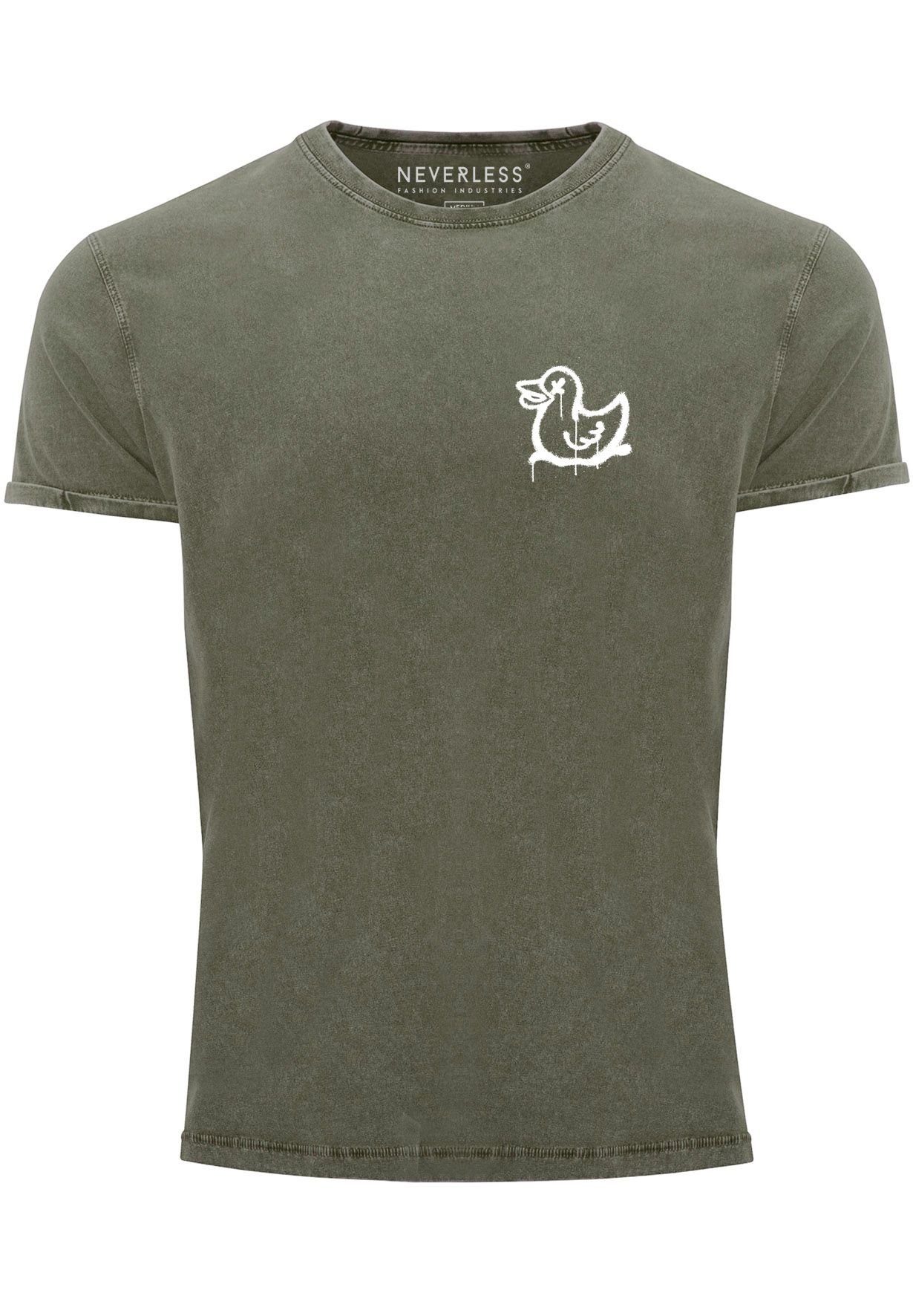 Neverless Print-Shirt Herren Vintage Shirt Drippy Duck Ente Graffiti Style Printshirt T-Shir mit Print oliv