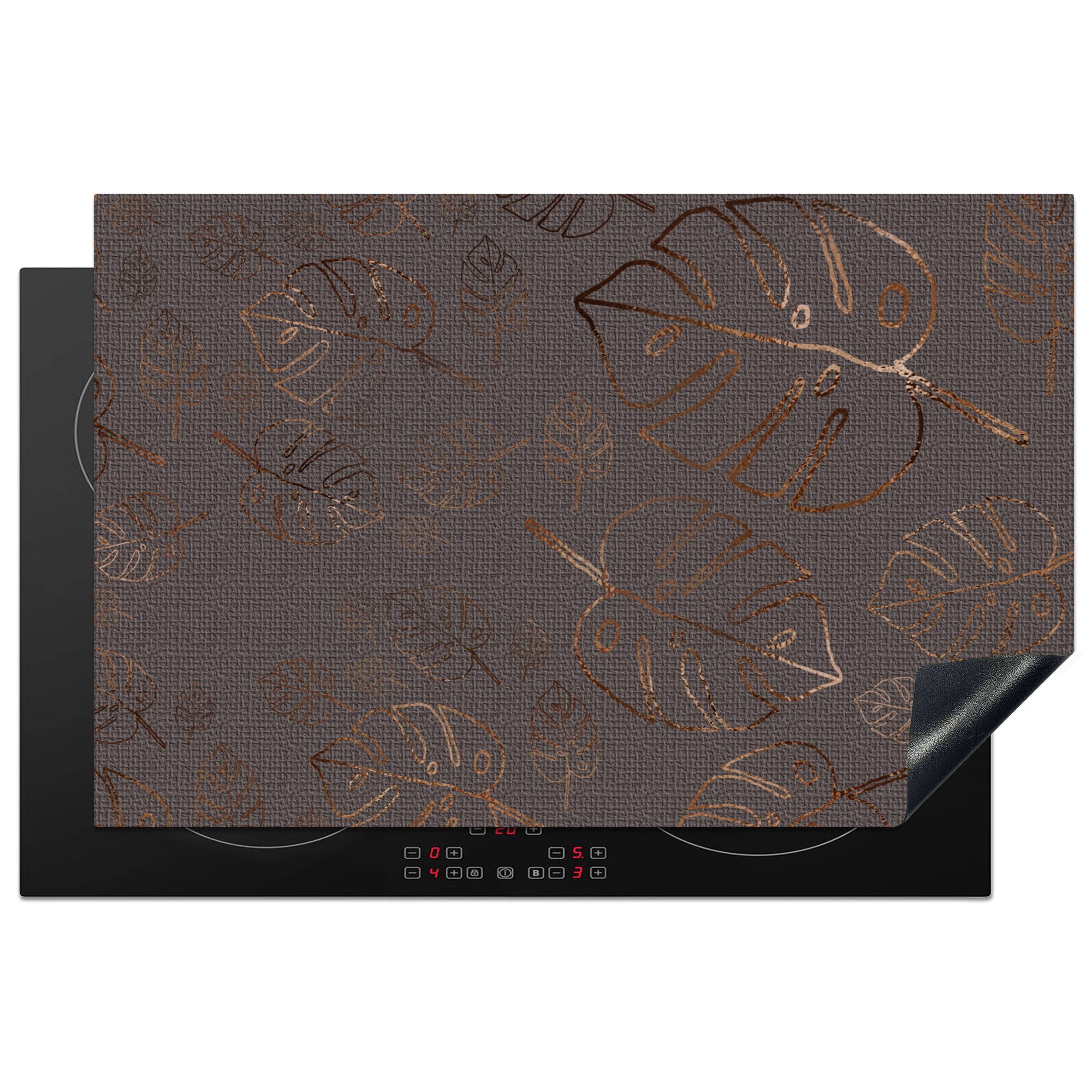 MuchoWow Herdblende-/Abdeckplatte Muster - Figur - Blätter - Bronze, Vinyl, (1 tlg), 81x52 cm, Induktionskochfeld Schutz für die küche, Ceranfeldabdeckung