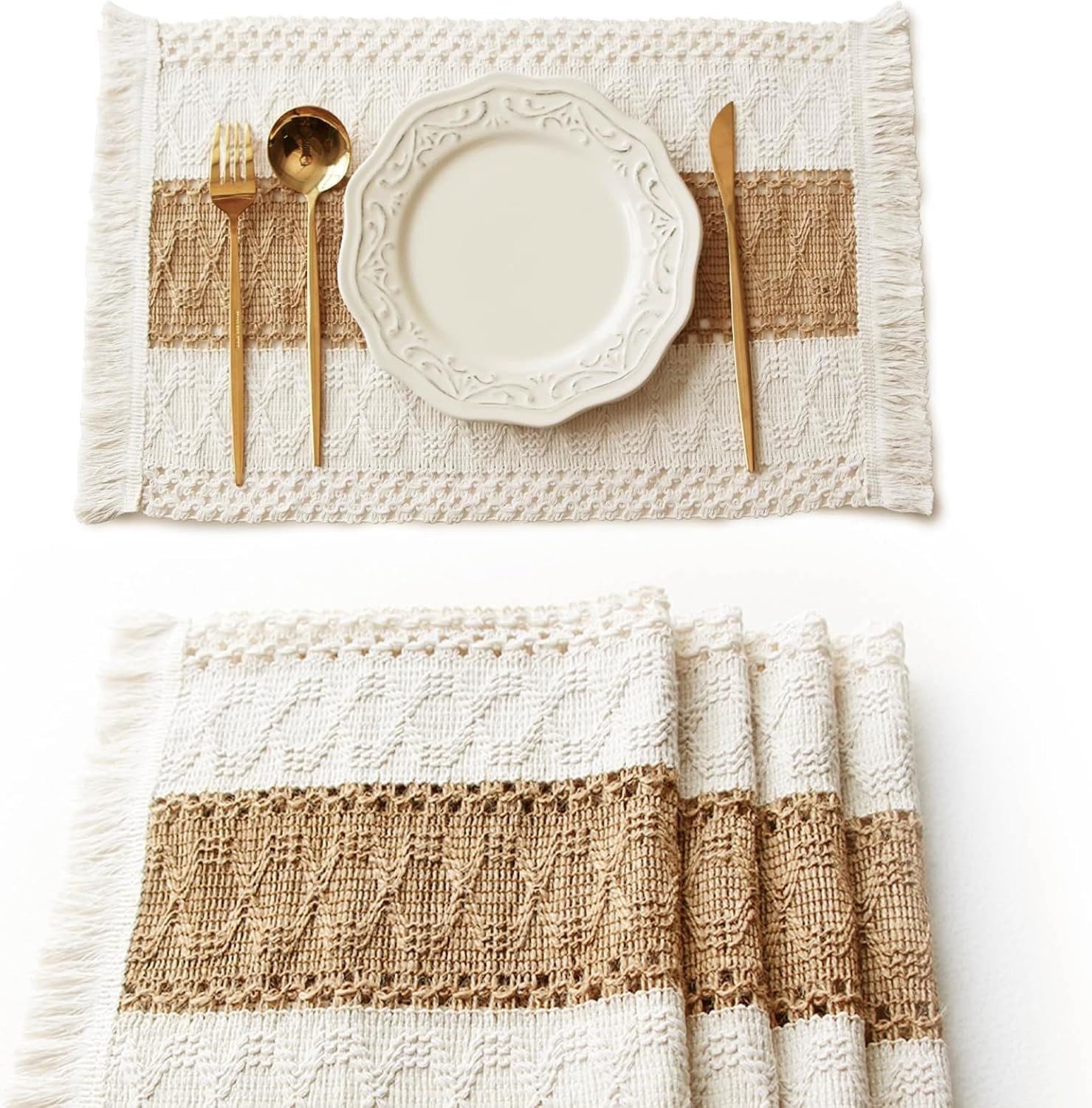 FOUORTUNATE-BEE Platzset 4er Set Boho-Tischsets 30x50cm Makramee-Deko Landhausstil, (für Küche Esstisch Zuhause Party Hochzeitsdekoration, 4-St)