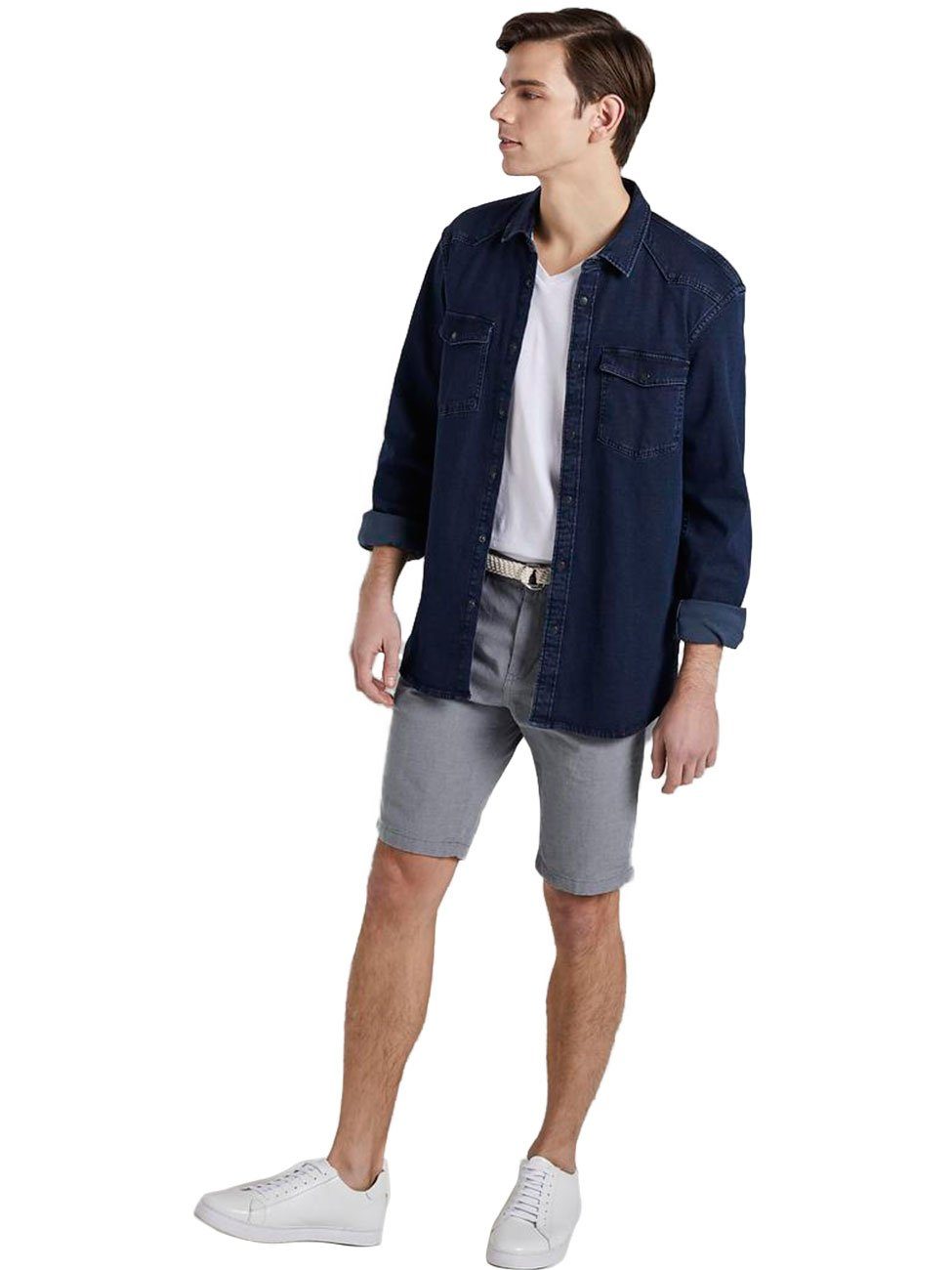 CHINO Shorts TOM SHORTS Grey Stripe aus (21993) Medium GÜRTEL 100% Yarn Dye Baumwolle TAILOR MIT Denim