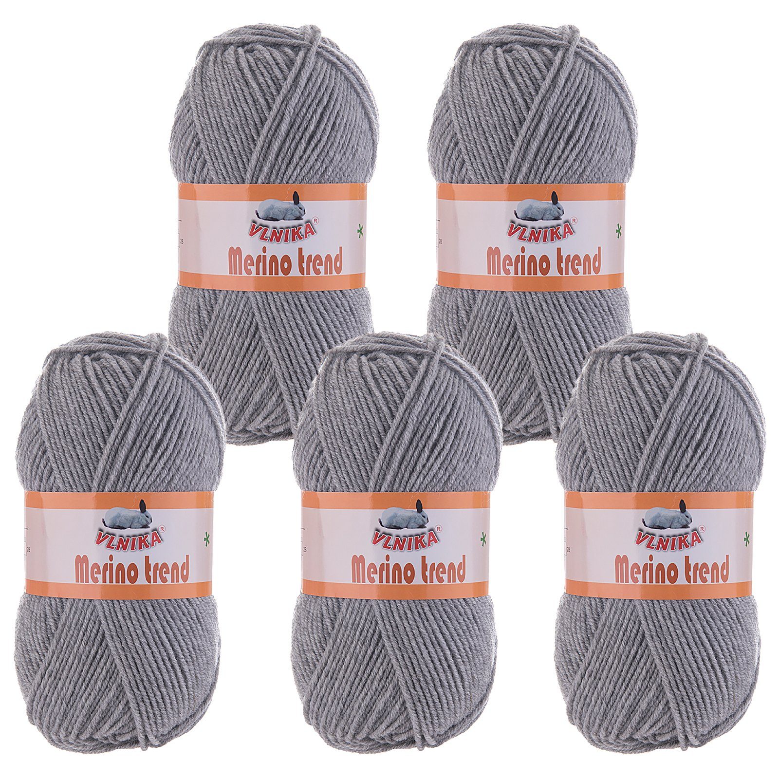 VLNIKA 5 x 100g Strickgarn Merino trend Häkelwolle, 200 m, 117 grau