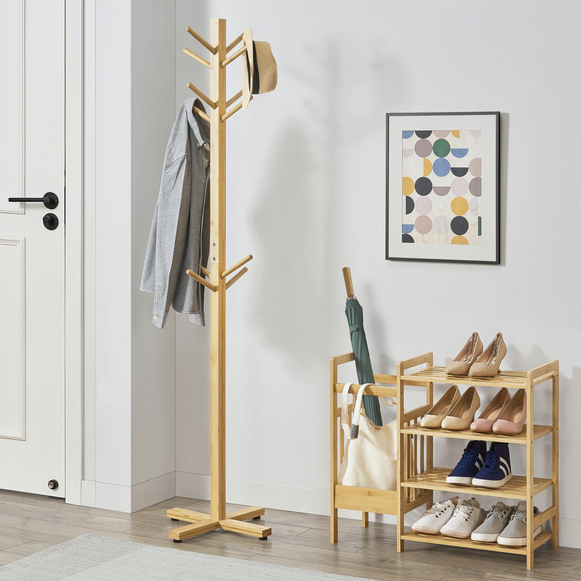 en.casa Garderobenständer, »Jämsä« Kleiderständer mit 12 Kleiderhaken Bambu günstig online kaufen