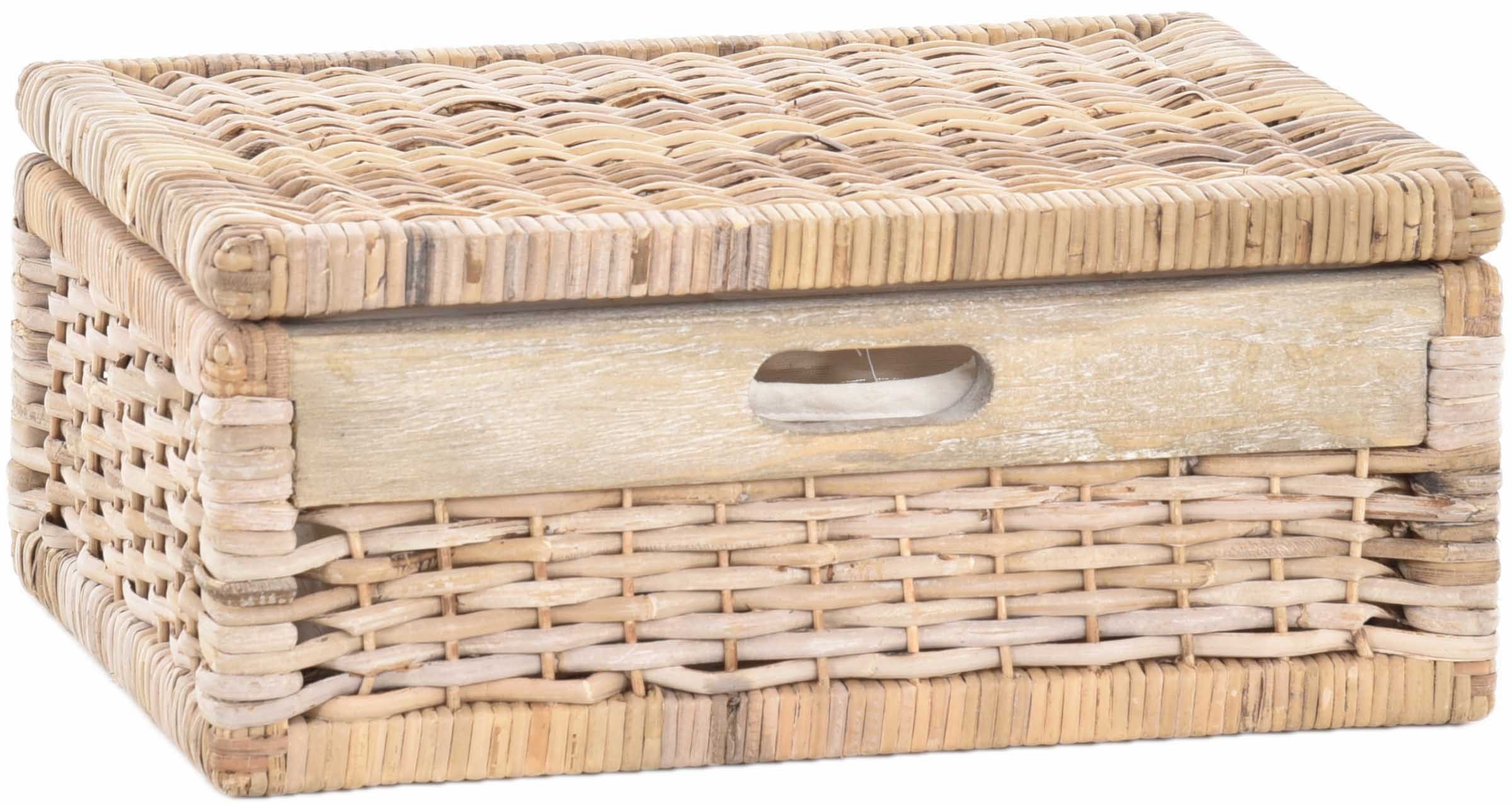Krines Home Aufbewahrungskorb Flacher Korb mit Deckel Rattan geflochten Regalkorb Aufbewahrungsbox