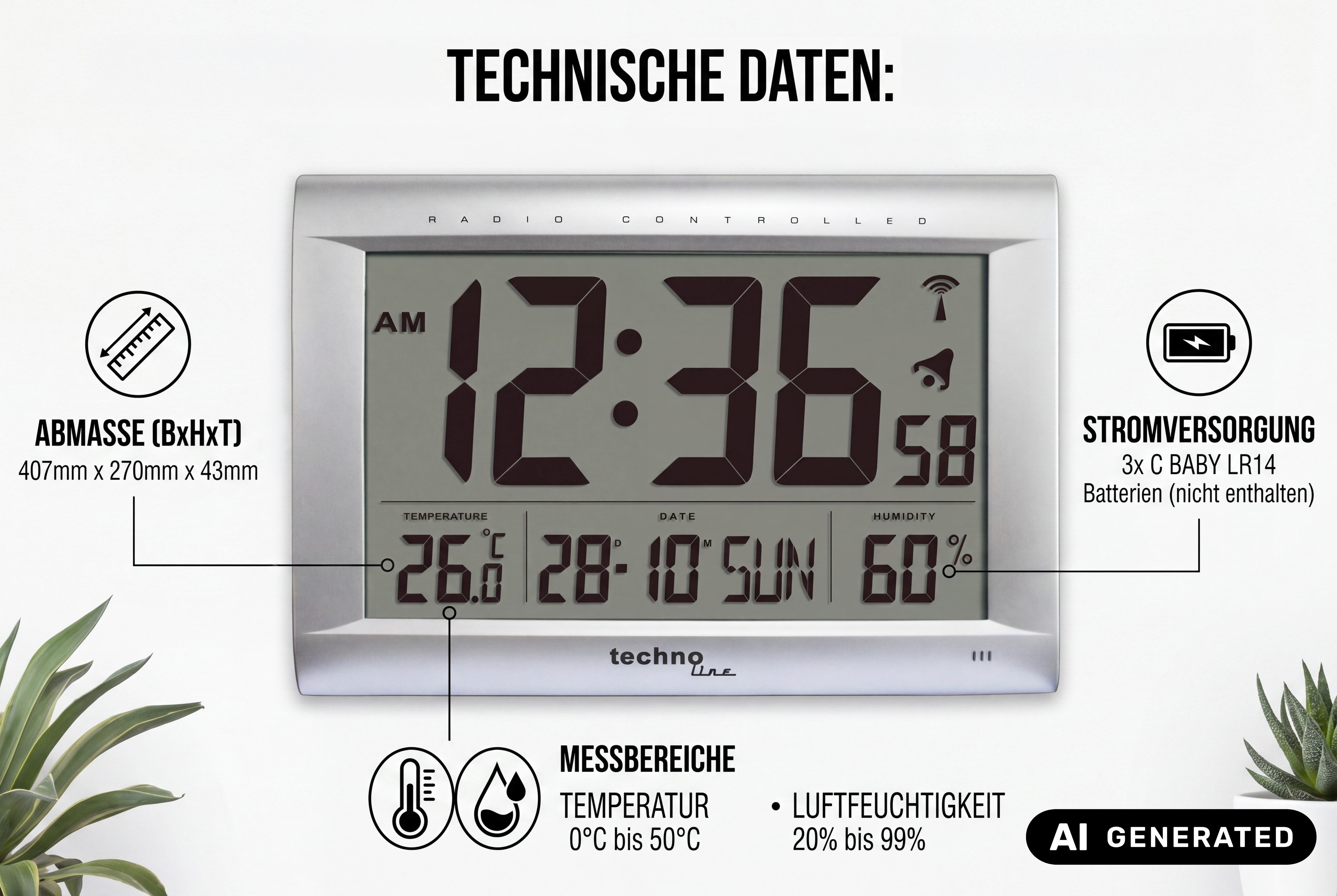 technoline Funkwanduhr WS 8009 (mit Jumbo-LCD Anzeige) – Bild 5 von 5