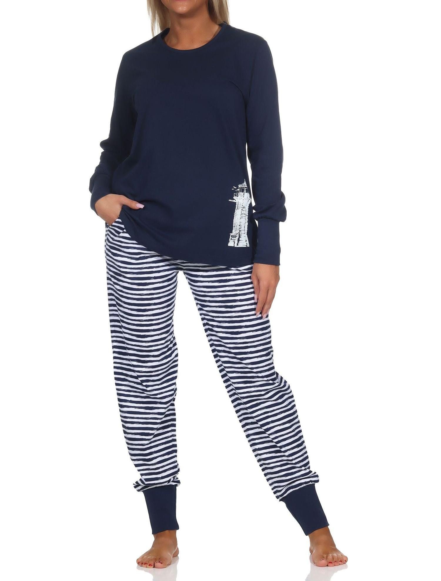 Pyjama Normann Damen Schlafanzug mit Bündchen in maritimer Optik