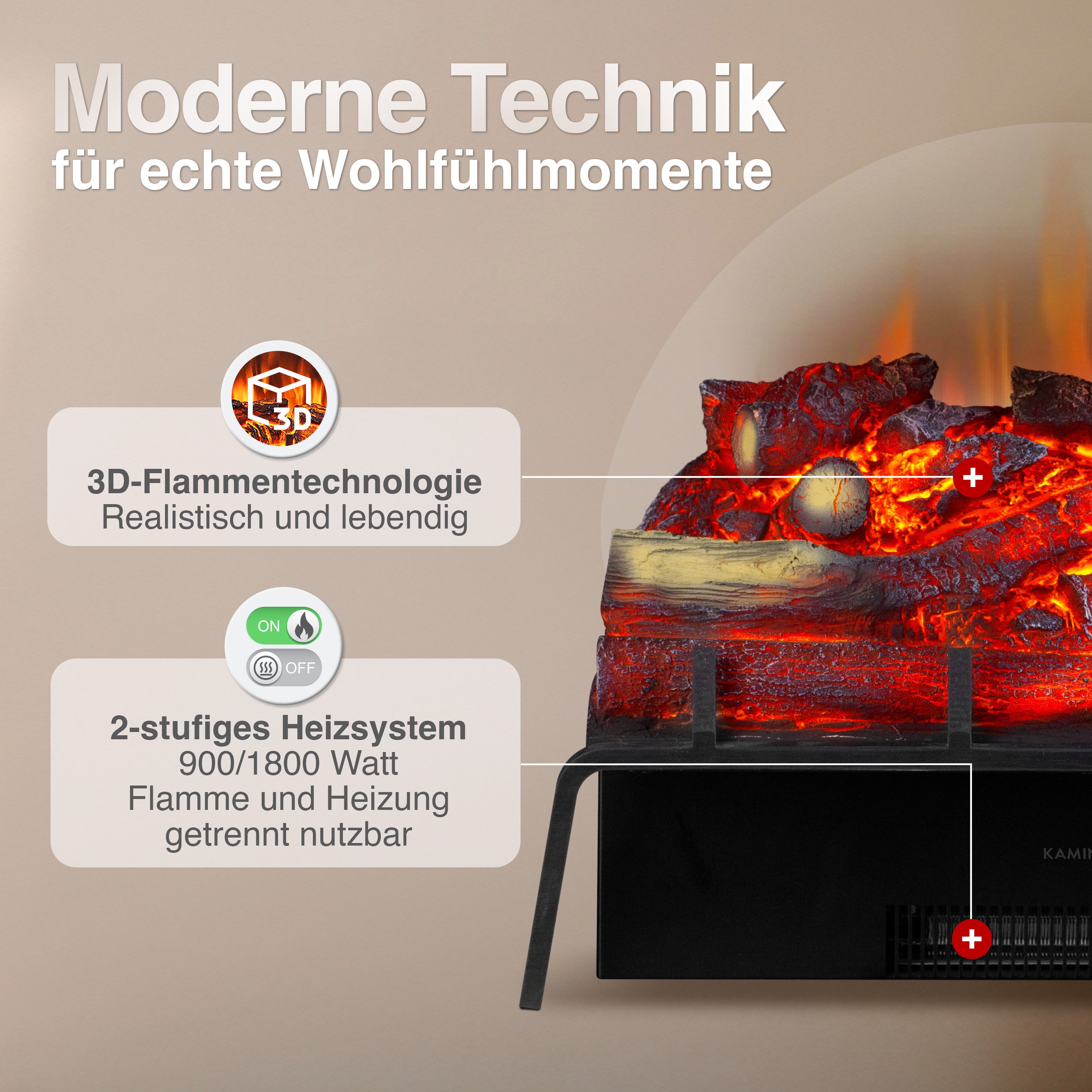 KAMINIO Elektrokamin NOAH, Elektrischer Kamin-Einsatz mit 3D-Flammeneffekt, Heizung 1800W