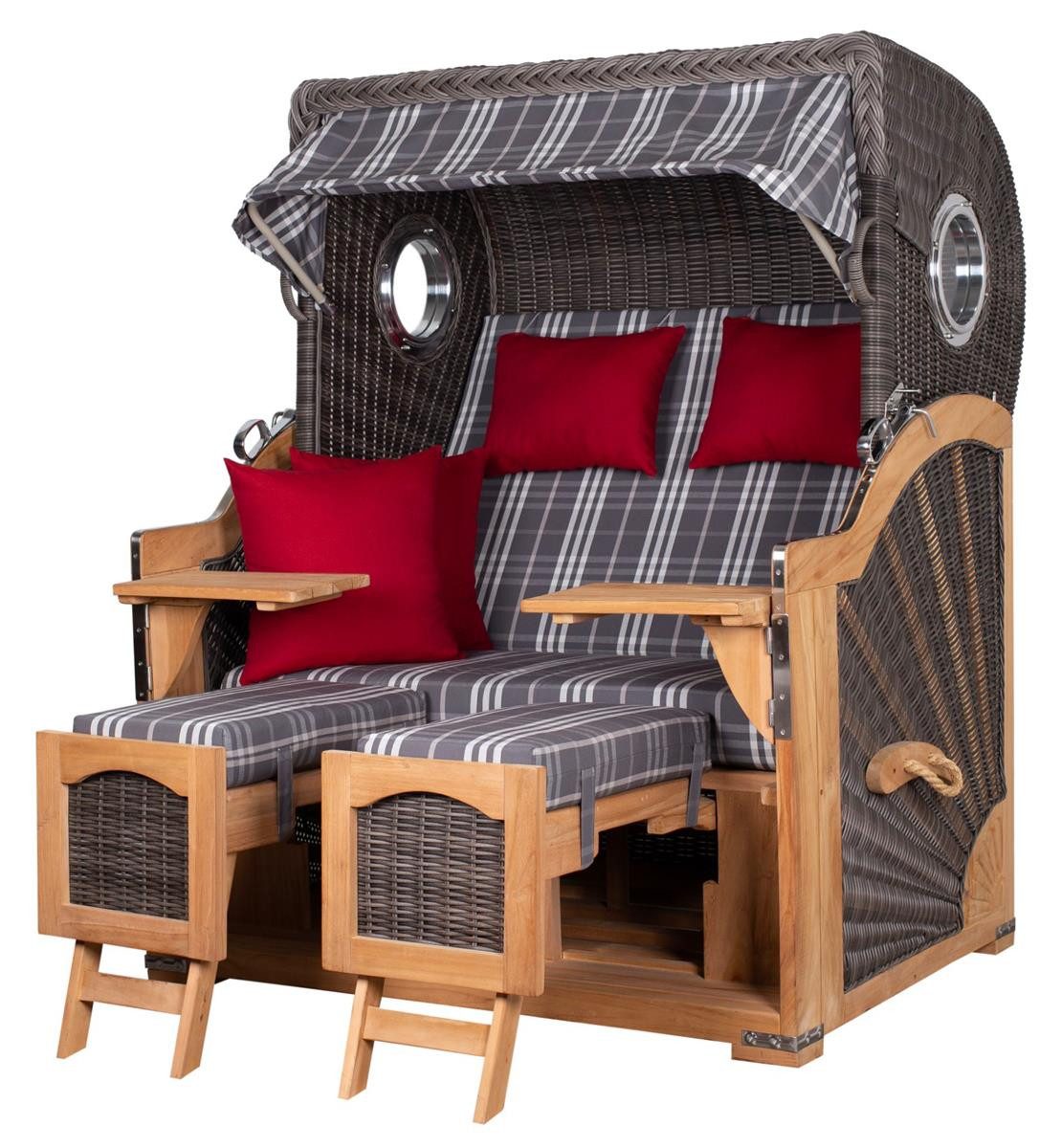 deVries PURE® Strandkorb Seemöwe XL - PE stone grey - Dessin 188, BxTxH: 140x95x160 cm, Halblieger, Ostsee-Strandkorb, Teakholz - Bullaugen - Kissenausstattung und Schutzhülle