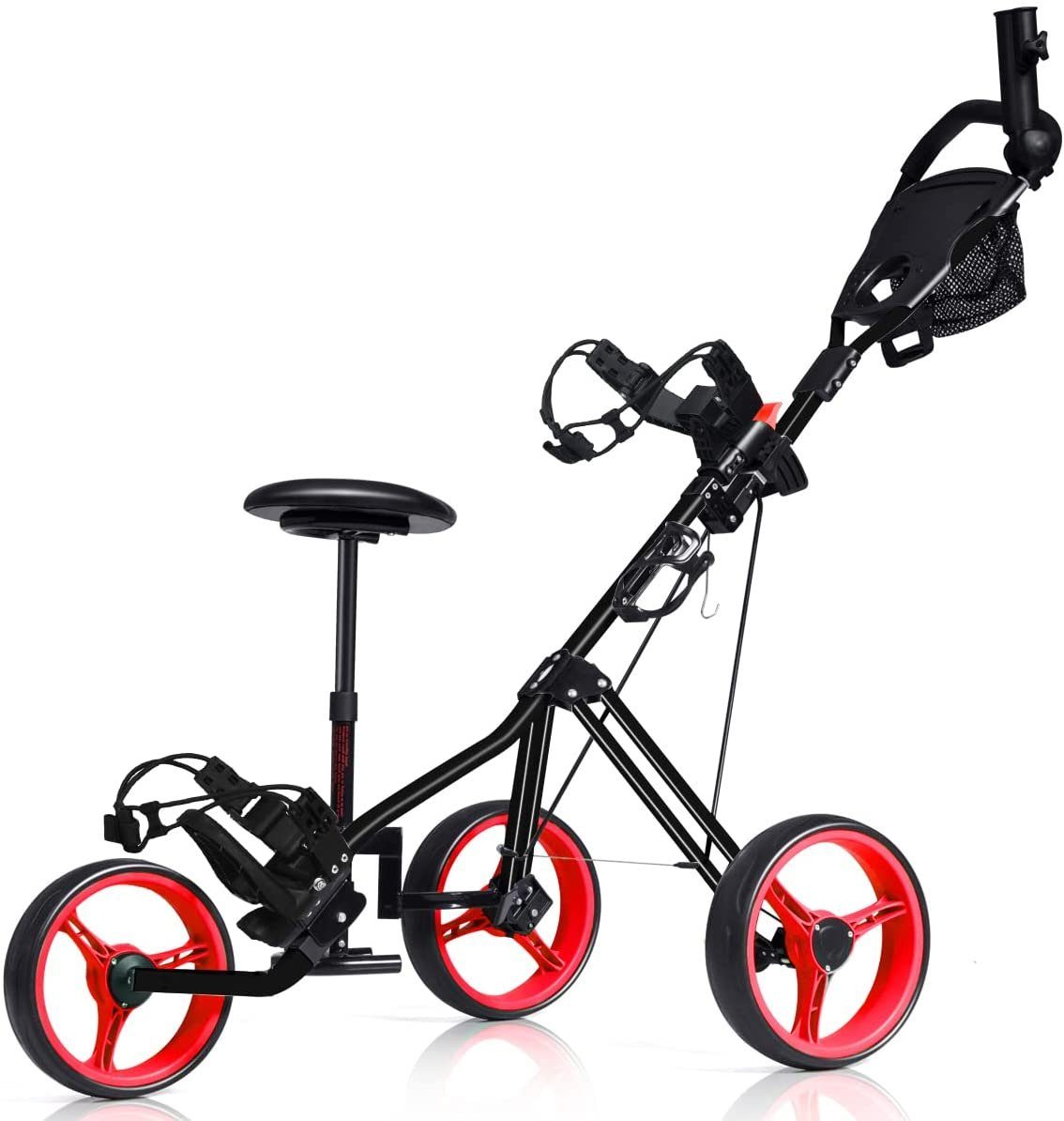 COSTWAY Golftrolley 3-Rad Golfwagen, klappbar, mit verstellbarem Sitz, Griff rot | Sport-Trolleys