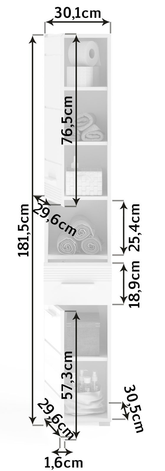 182 xonox.home mit cm) x Hochschrank in Linus (Badschrank 2-türig weiß Hochglanz, Schublade, 30