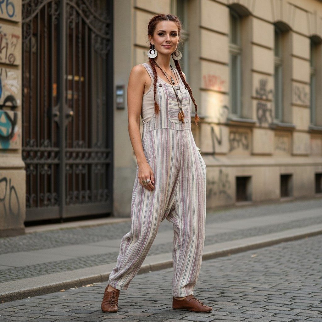 Guru-Shop Relaxhose Luftige Latzhose, gestreifter Ethno Style Boho.. alternative Bekleidung