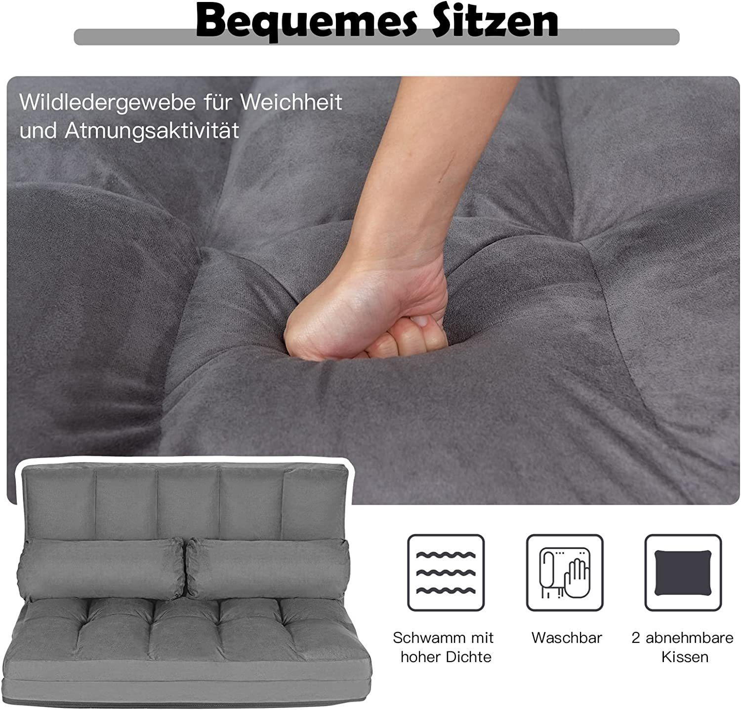 KOMFOTTEU Sofa 2 Sitzer Bodensofa, mit 2 Kissen,3 in 1 Sofabett