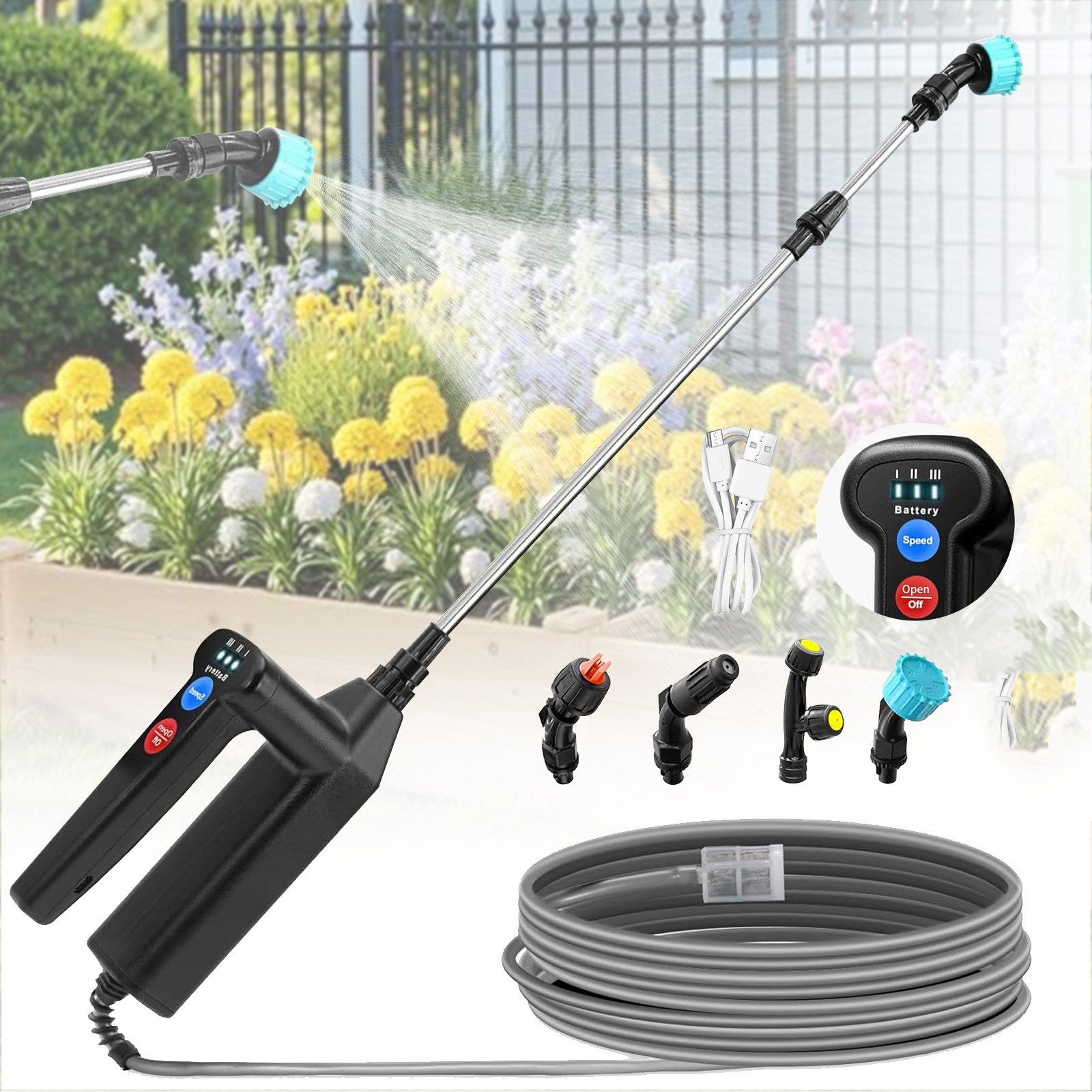 MUPOO Drucksprühgerät Akku-Druckreiniger Kabelloser,3 Sprühstufen mit 5m Schlauch & 4 Düsen, 5m Schlauch,60cm Teleskoprohr,USB Aufladung