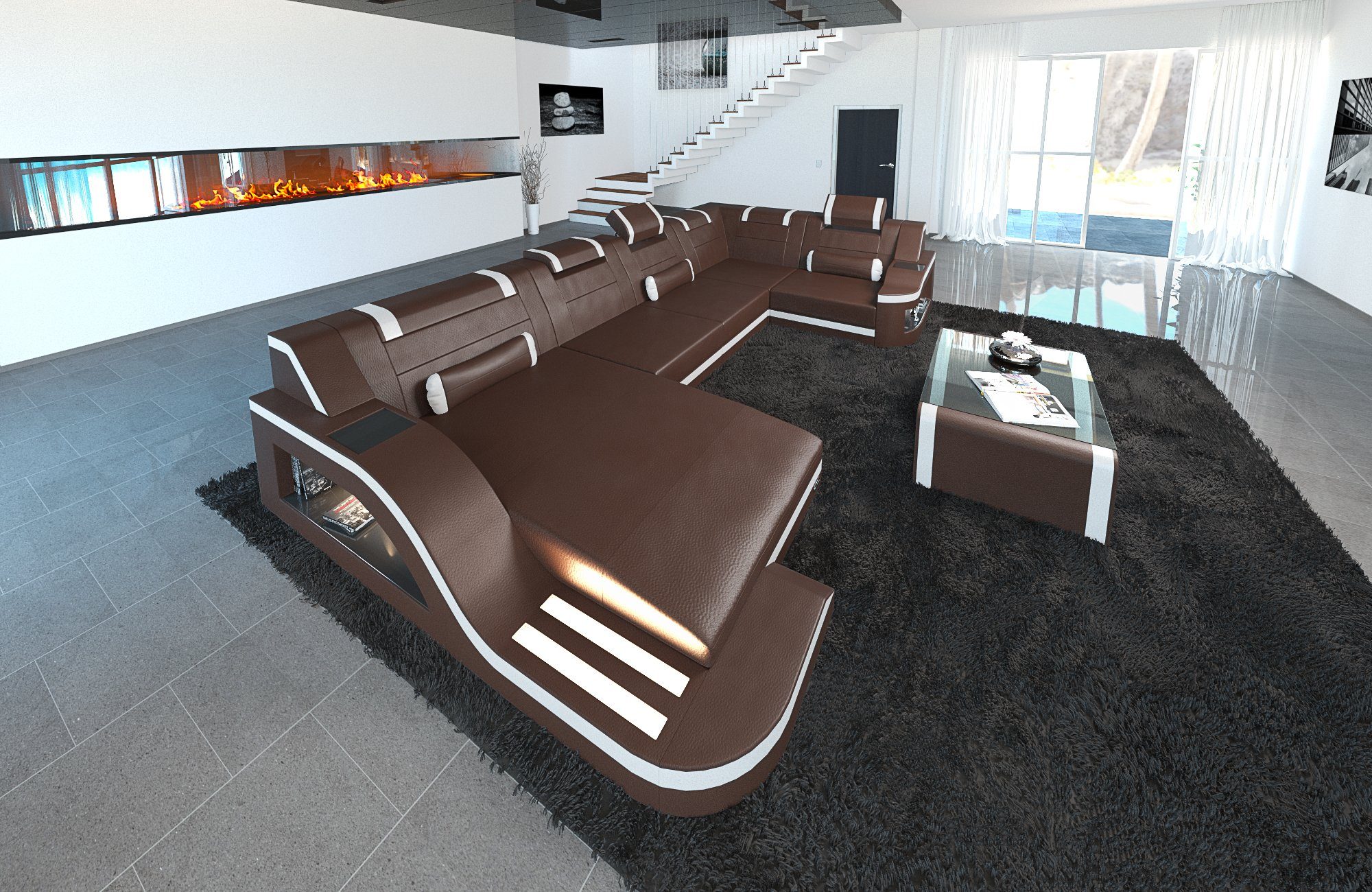 Sofa Dreams Wohnlandschaft Sofa Ledercouch Leder Palermo U Form Ledersofa, Couch, mit LED, wahlweise mit Bettfunktion als Schlafsofa, Designersofa