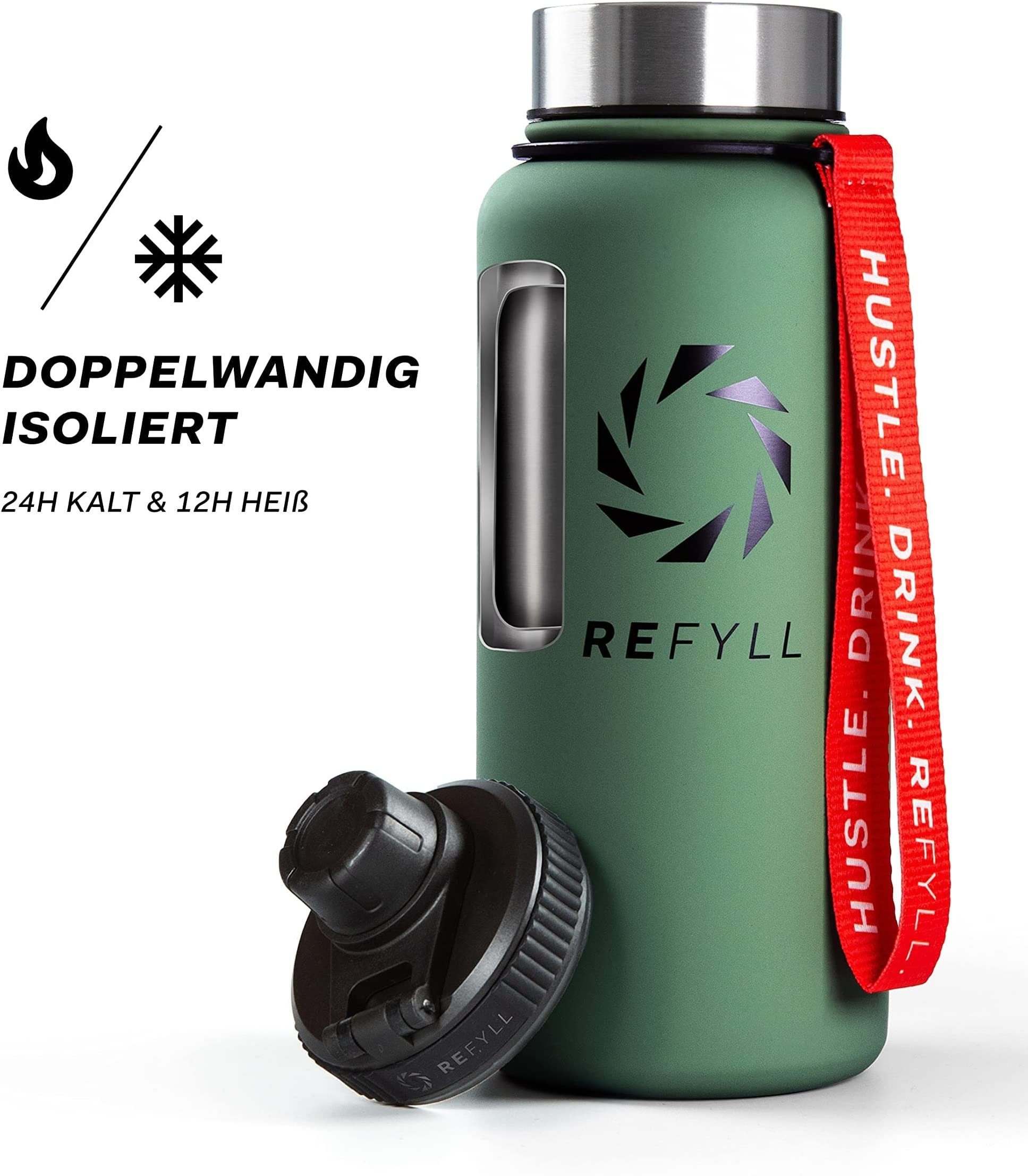 Heiß, Doppelwandige "Power" - 1L Trinkflasche Green 24H Edelstahl REFYLL Army 12H Thermo I Fitness Verschlüsse Kalt Trinkflasche Thermoflasche Isolierflasche 2 & 1000ml - I