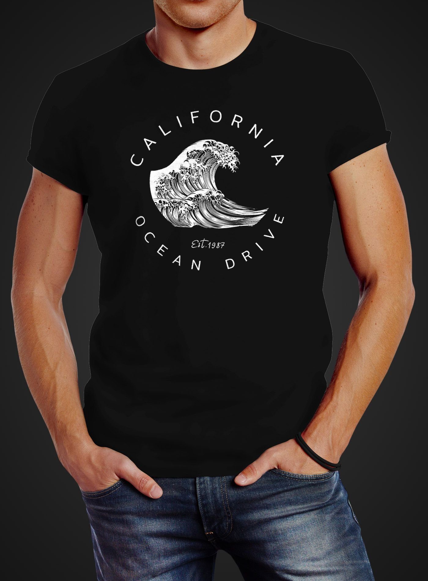 mit T-Shirt Neverless Print-Shirt Slim Summer California Print Ocean Wave Herren Neverless® Fit Welle schwarz Surf Drive