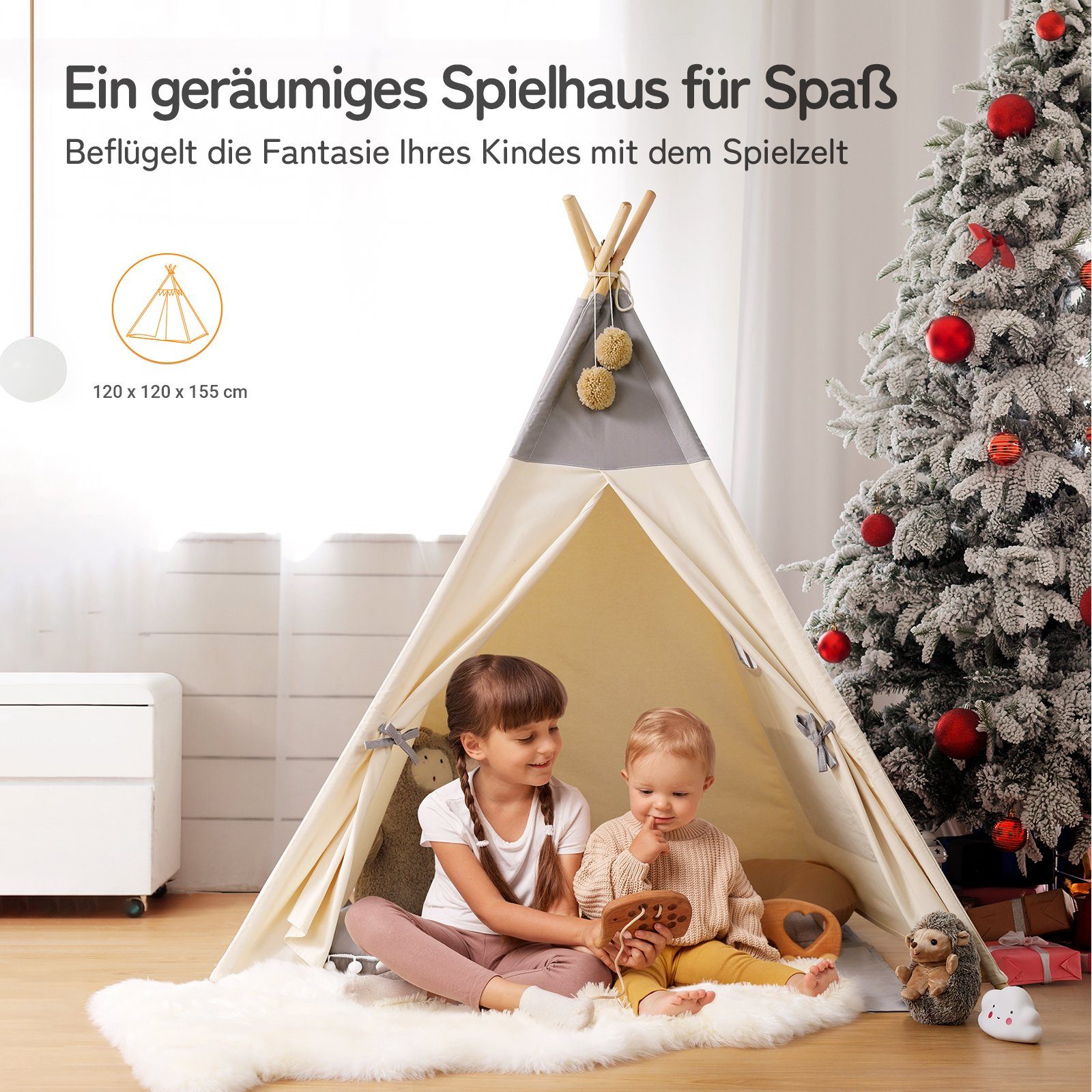 besrey Spielzelt Tipi Zelt für Kinder, Tippi Kinderzelt, Kindertipi +Lichtern Kindertipi aus 100% Baumwolle