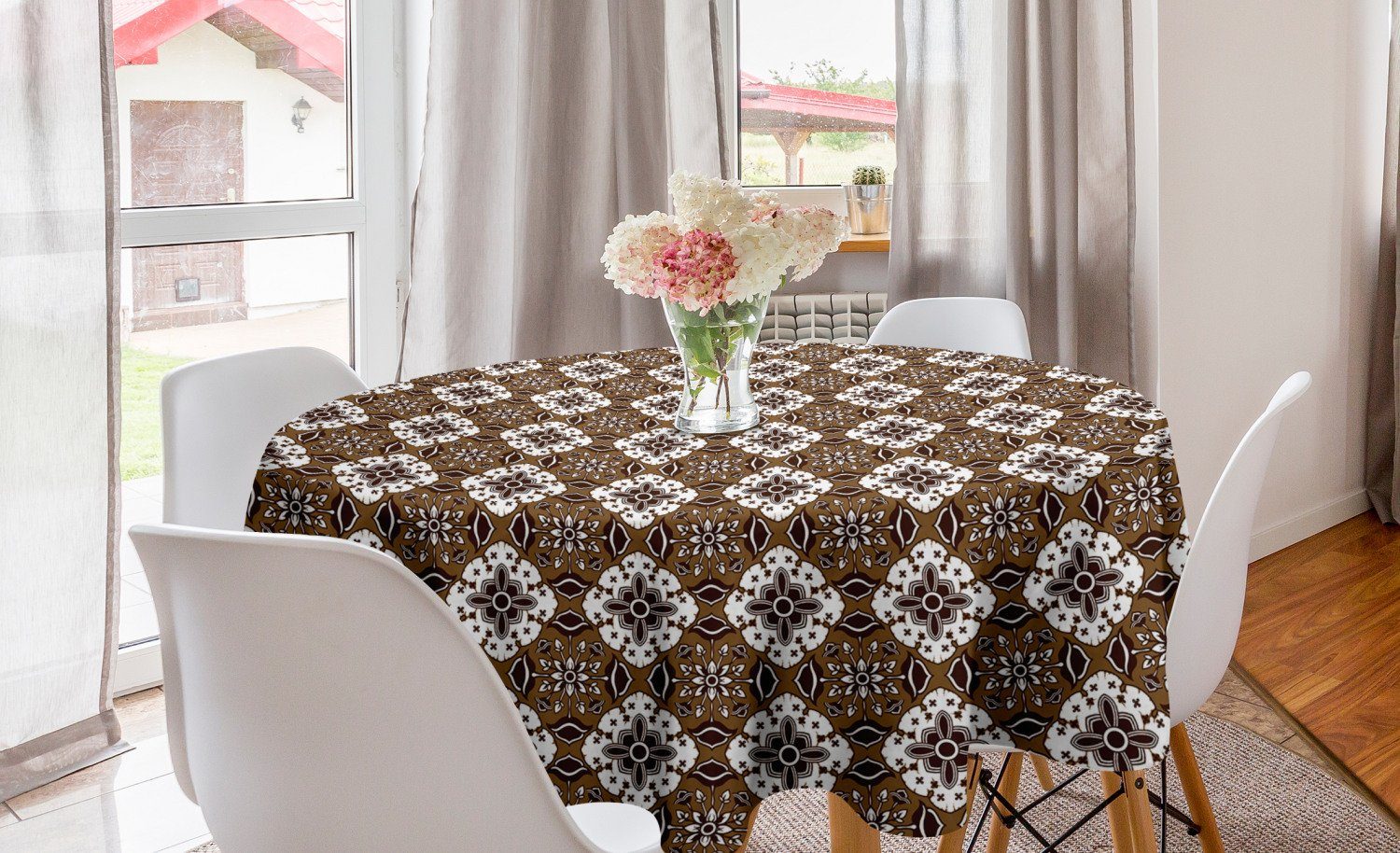 Abakuhaus Tischdecke Kreis Tischdecke Abdeckung für Esszimmer Küche Dekoration, Schokolade Batik-Blumenmuster