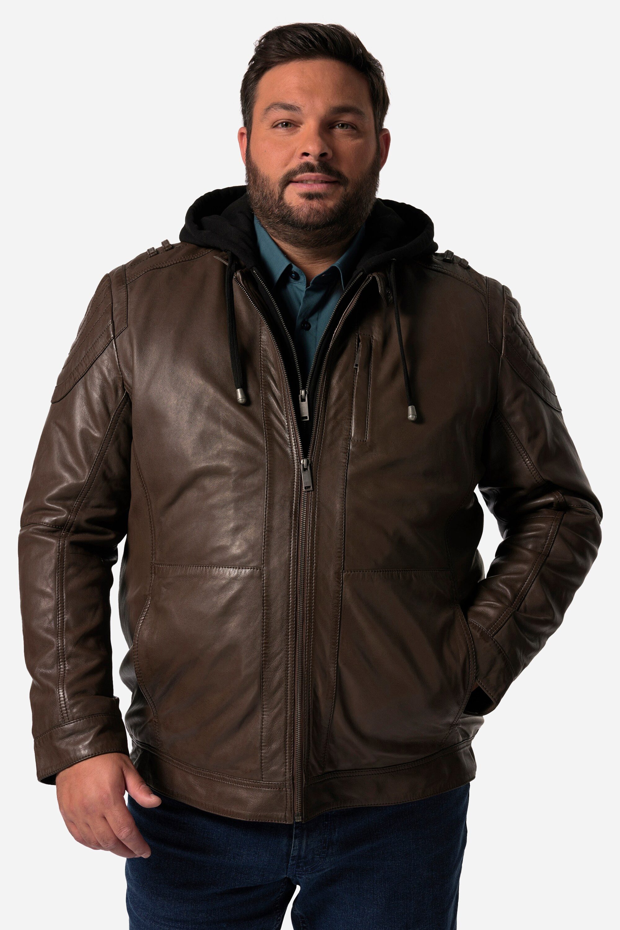 Men Plus Lederjacke Lederjacke Leder abnehmbare Jersey-Kapuze Zipper