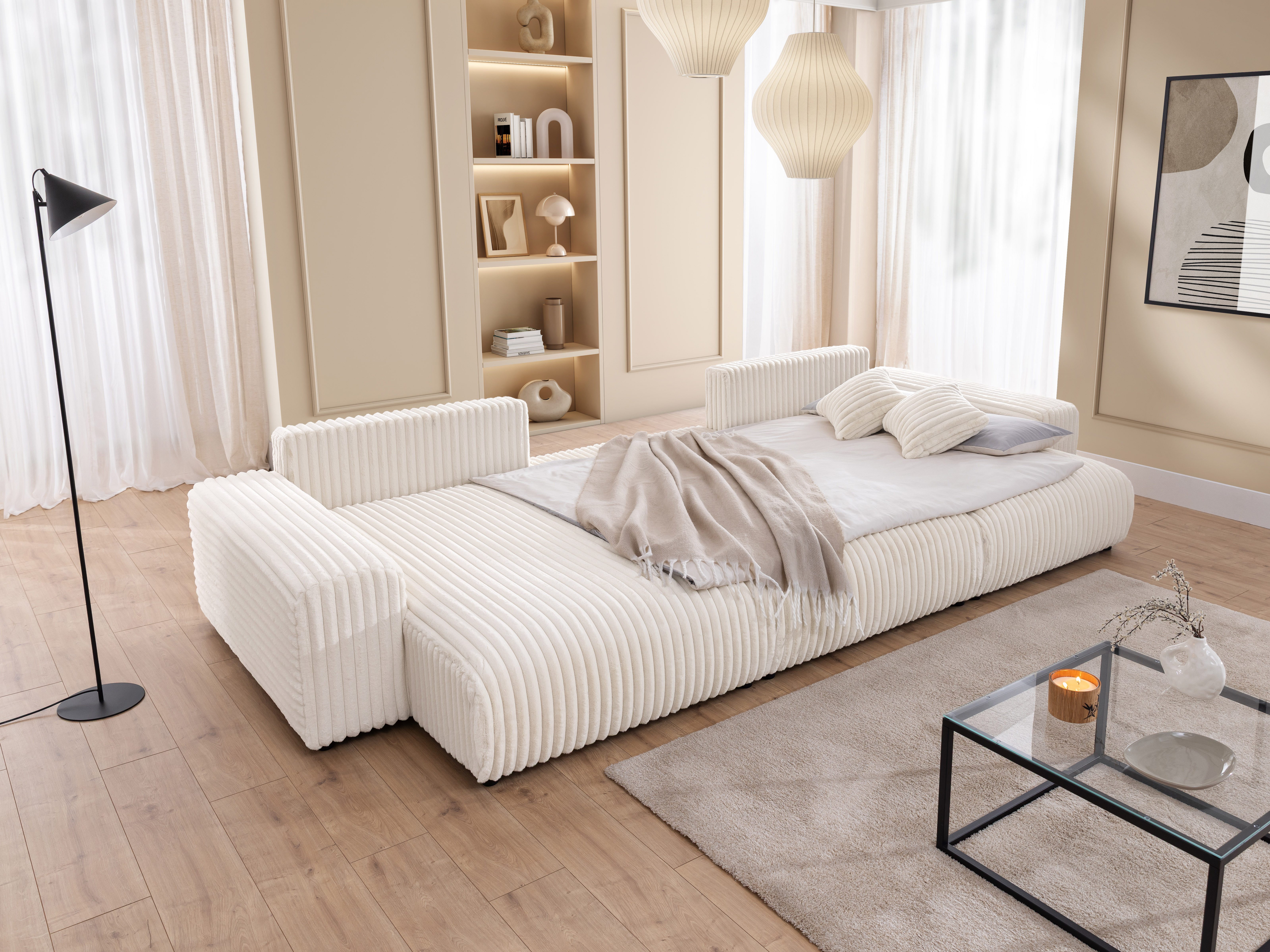 S-Style Möbel Wohnlandschaft Mollis mit Schlaffunktion und Bettkasten aus Plüschcord – Bild 5 von 5