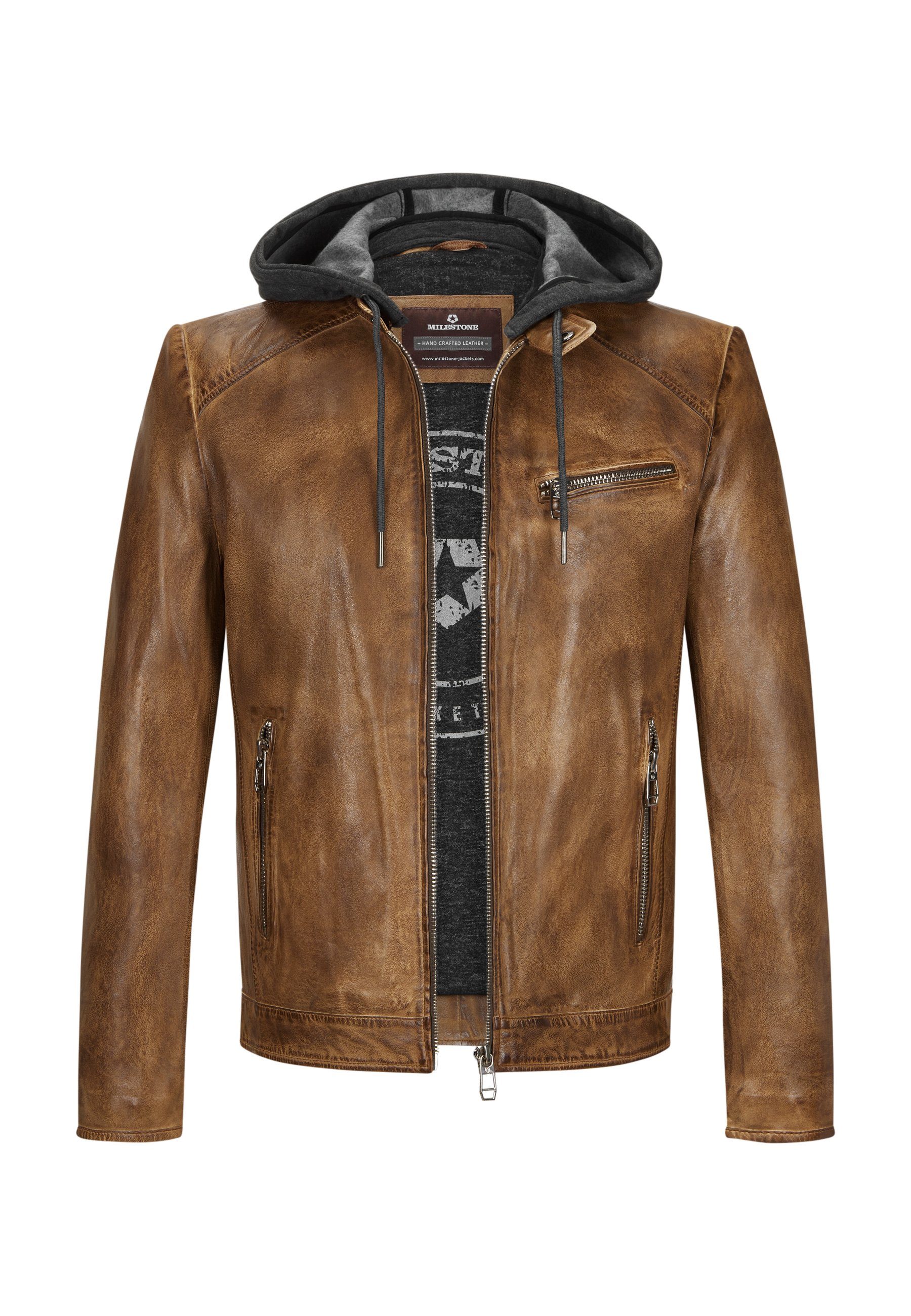 Milestone Lederjacke MSMorrison Herrenjacke aus Lammnappa Leder mit abnehmbarer Kapuze Cognac