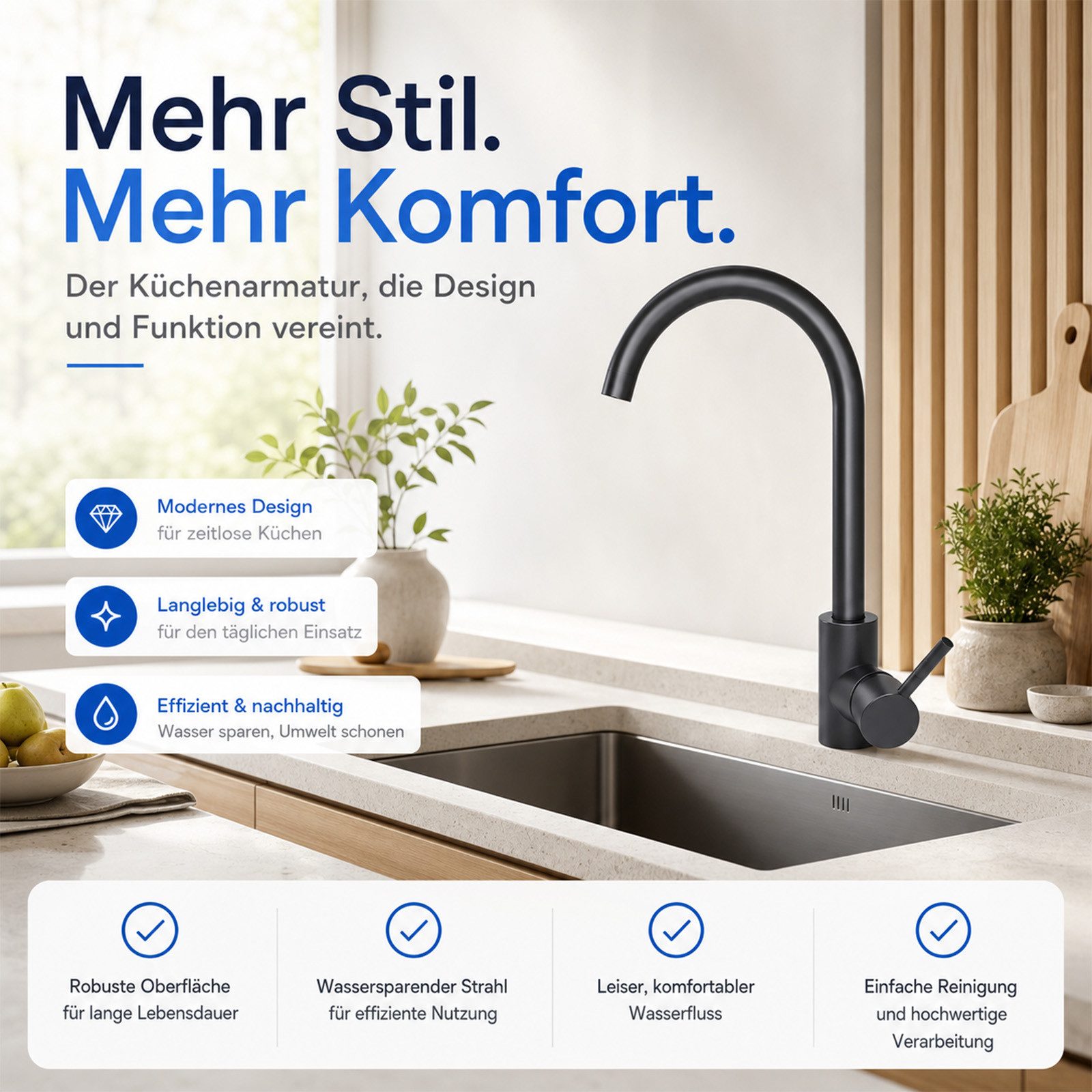 Ledklang Küchenarmatur Hochdruck Edelstahl Spültischarmatur 360° schwenkbar Schwarz/silber (1-St., Mischbatterie) für Einhebelmischer Mischbatterie Wasserhahn K – Bild 5 von 5