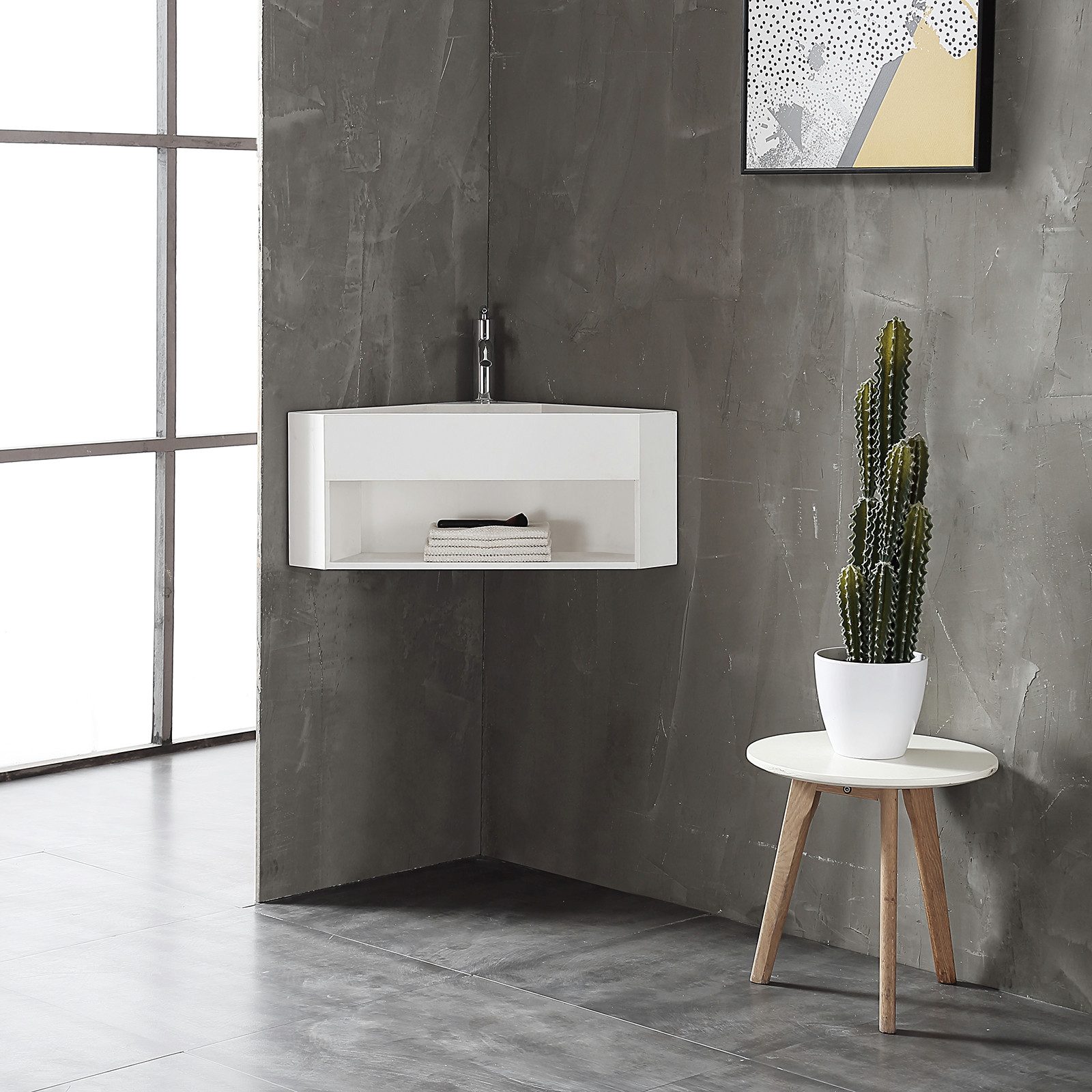 Bernstein Waschtisch TWG70 50cm Weiß matt, Eckwaschbecken mit Ablagefach und Ablaufrinne