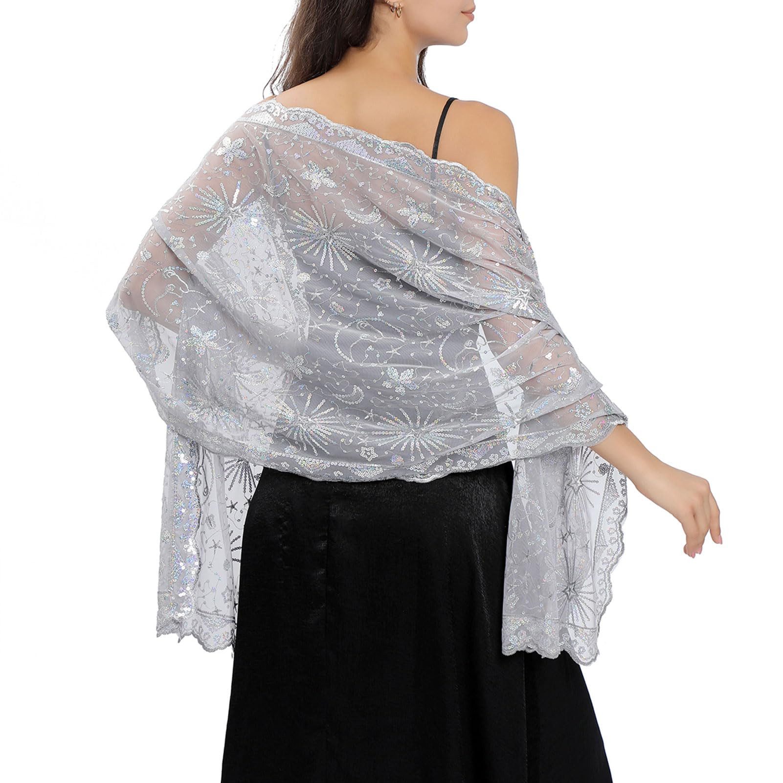MOPUEA Cape Bluse Damenschal Modeschals Exquisite Pailletten Fransen Spitzenschal (1-St) bestickt mit Sternen und Mondmotiv