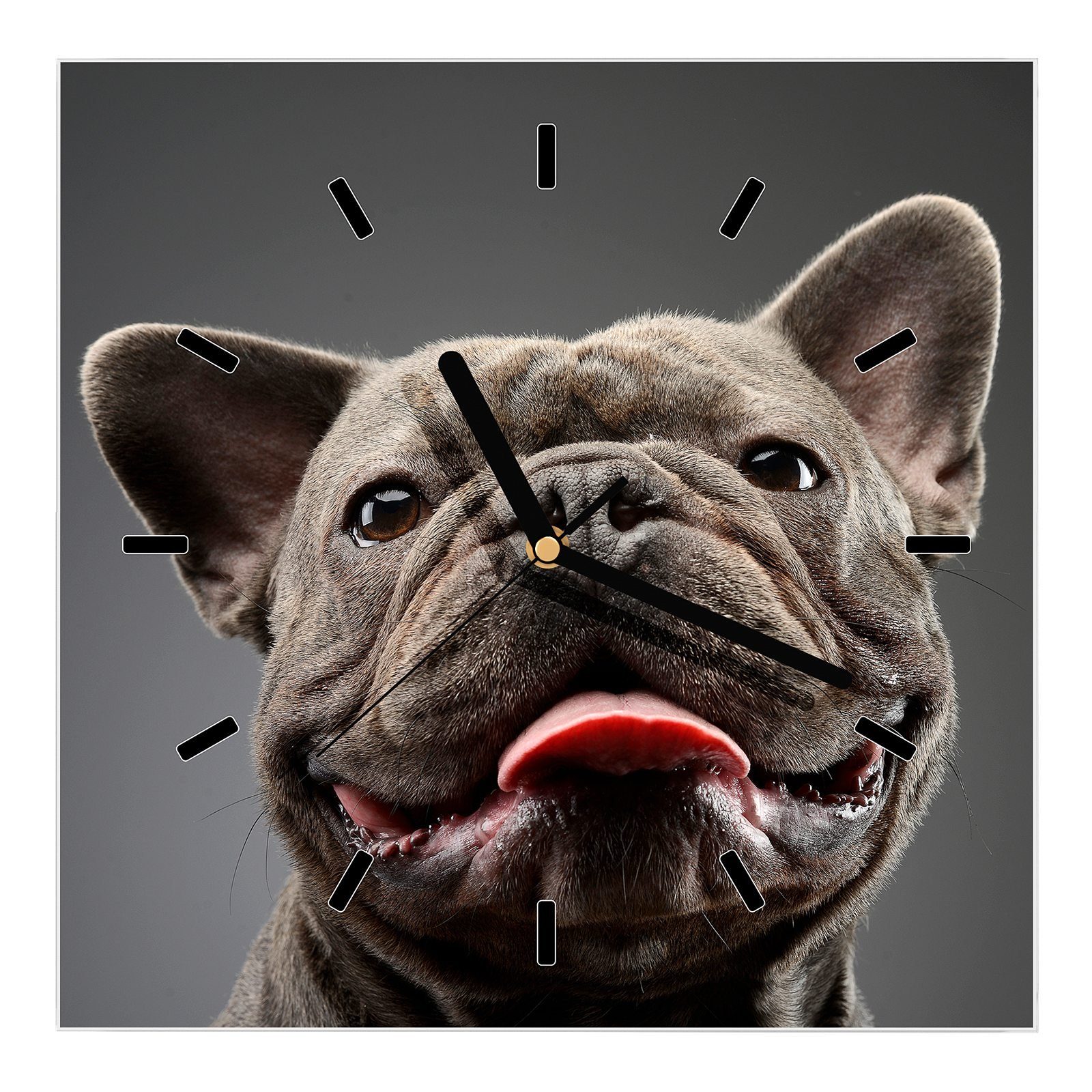 Primedeco Wanduhr Glasuhr Wanduhr Wandkunst Größe 30 x 30 cm mit Motiv Zunge von Bulldogge
