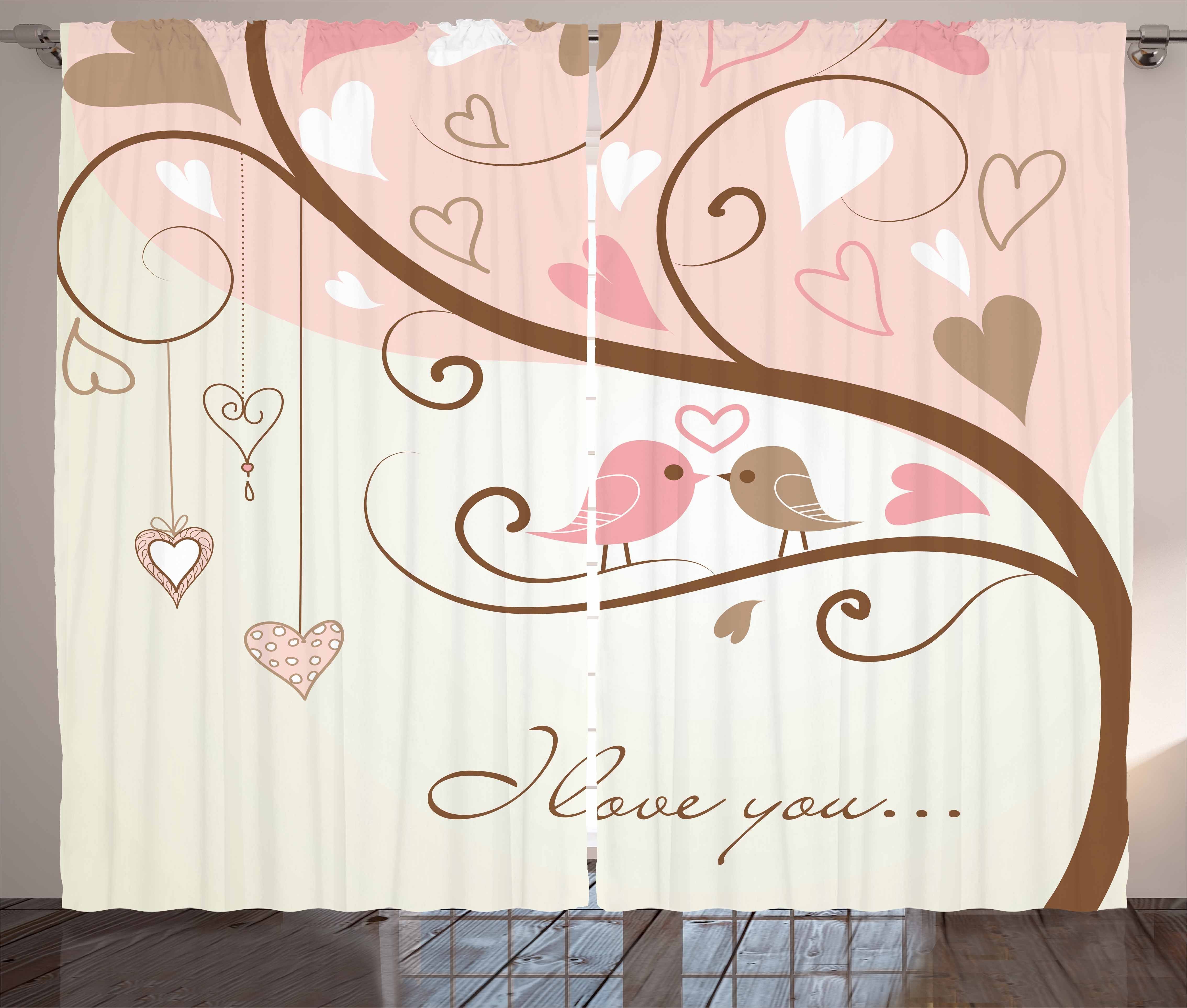Gardine Schlafzimmer Kräuselband Vorhang mit Schlaufen und Haken, Abakuhaus, Liebe 2 Vögel Romantik Motiv