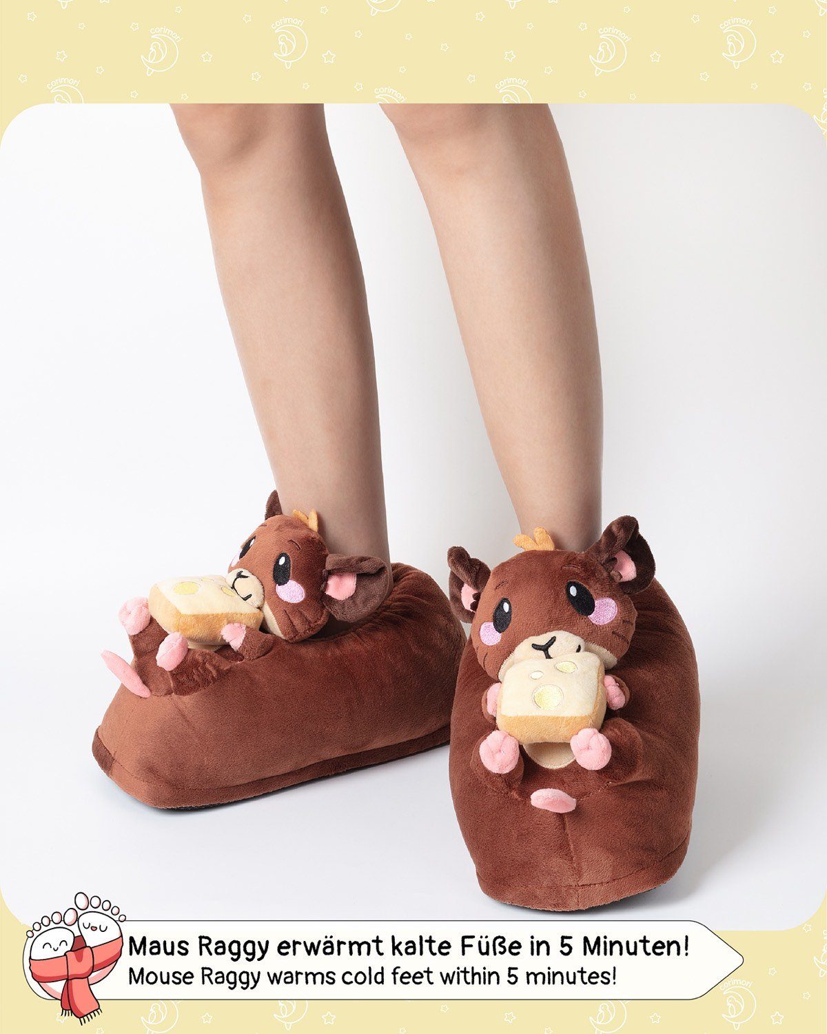 Corimori Süße, flauschige Maus Tier-Pantoffeln, Slipper Plüsch Hausschuhe (Packung, Geschenk) warme, weiche Puschen, EU Einheitsgröße 34-44, Raggy die Maus