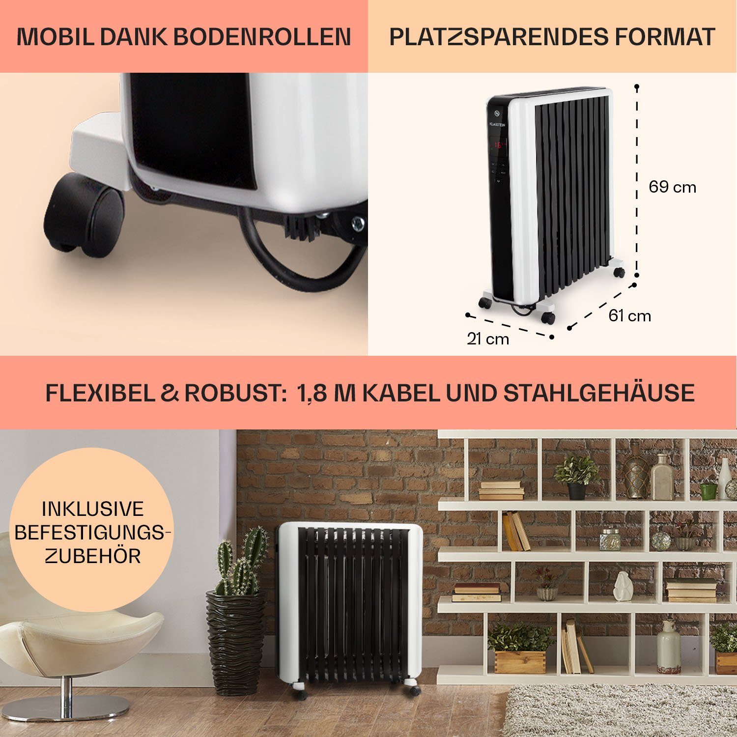 2500 W, Ölradiator Thermaxx energiesparend Rippen Heizkörper Thermostat 12 Klarstein Heizstrahler 2500, Rollen