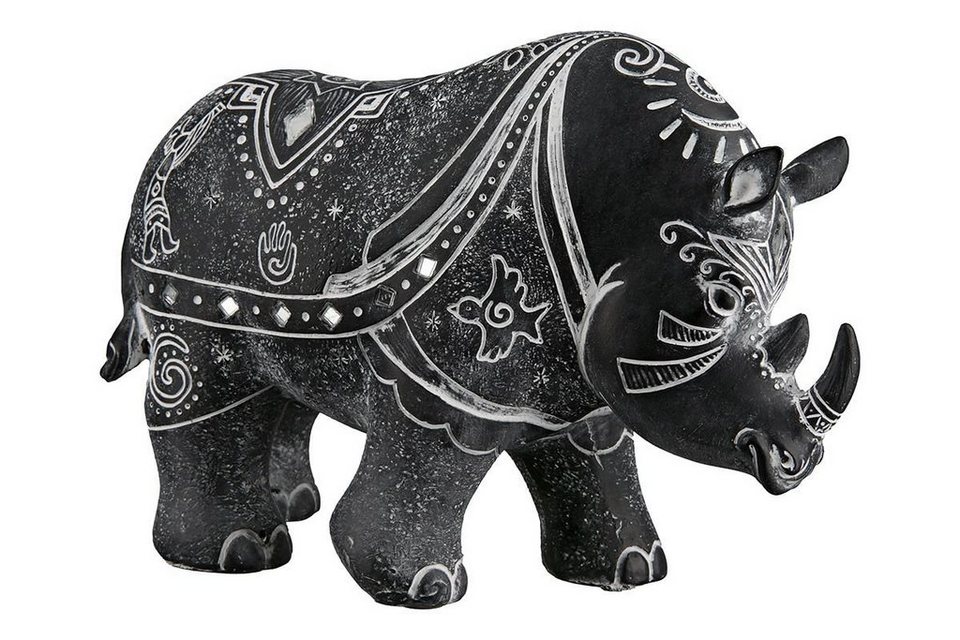GILDE Dekoobjekt 2er Set Poly Nashorn Simbo schwarz/grau mit weißen  Symbolen und Spiege