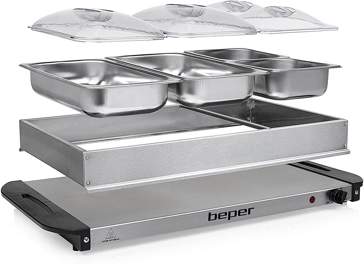Beper Warmhalteplatte P101TEM002 Buffetwärmer aus Stahl/Kunststoff Grau, Chafing Dish 300 Watt