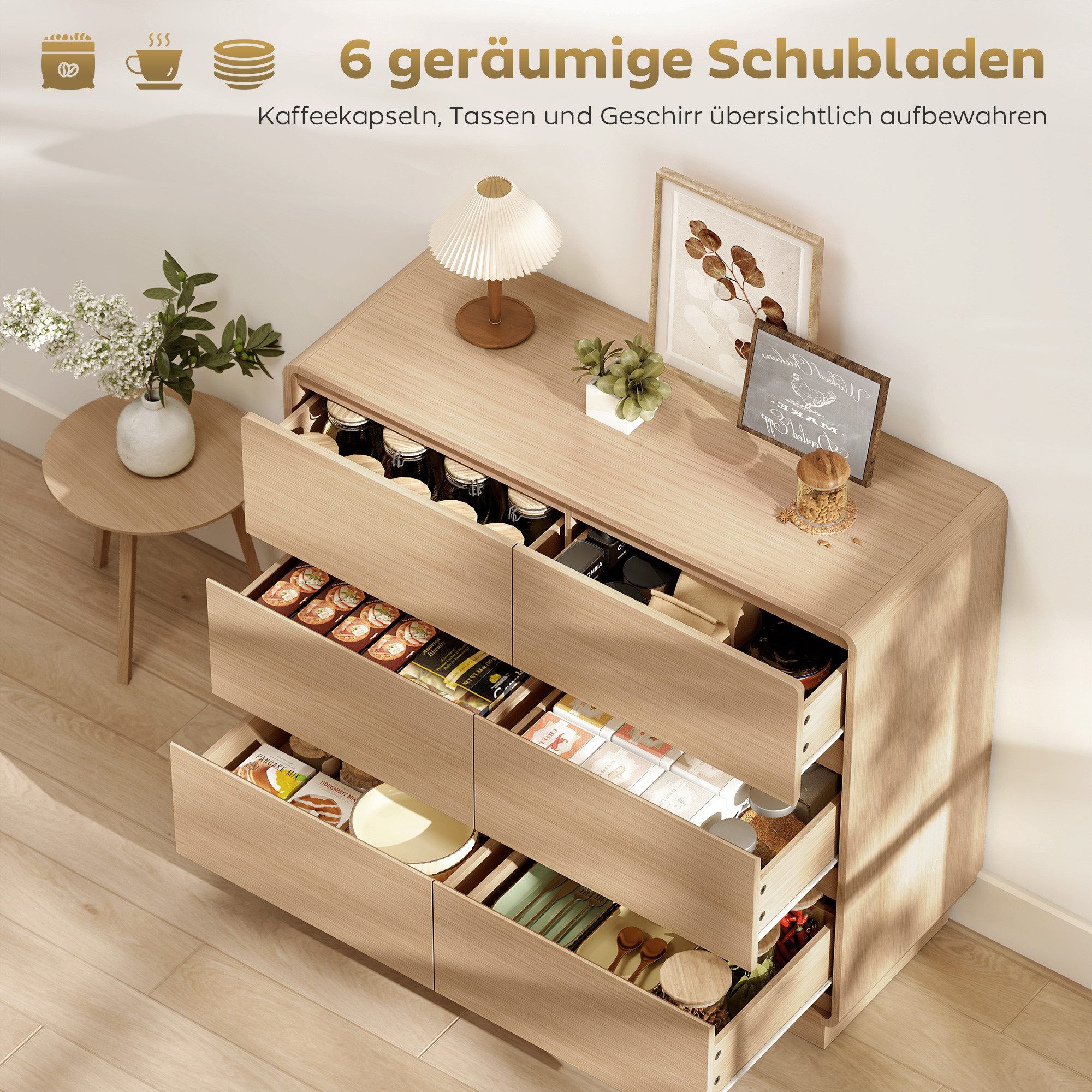 HOMCOM Sideboard Beistellschrank Küchenschrank 6 Schubladen abgerundete Kanten (Kommode, 1 St., 100 cm Aufbewahrungsschrank), für Wohnzimmer, Küche, Esszimmer,  – Bild 4 von 5