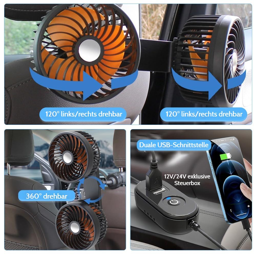 QUBEBU Mini USB-Ventilator Auto Ventilator Rücksitz 12V24V Auto Kfz Lüfter mit Zigarettenanzünder, Mini Ventilator Auto Innenrau für Lkw, Van, Suv, Rv