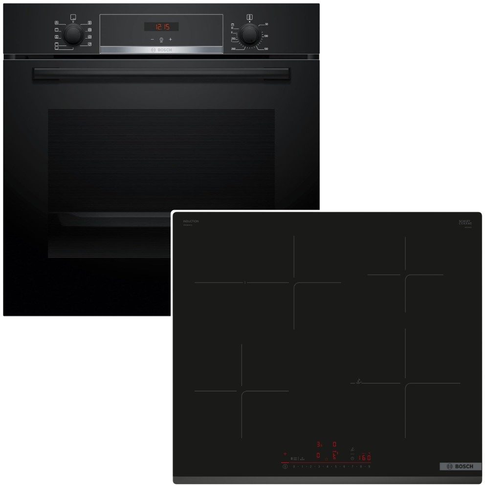 BOSCH Backofen-Set LED Display Hydrolyse + Induktionskochfeld PowerBoost Restwärmeanzeige, Hydrolyse