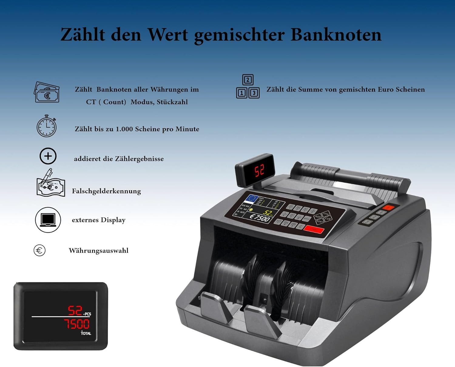 Securina24 Banknotenzähler Geldzählmaschine für gemischte Banknoten Banknotenzähler SR7500