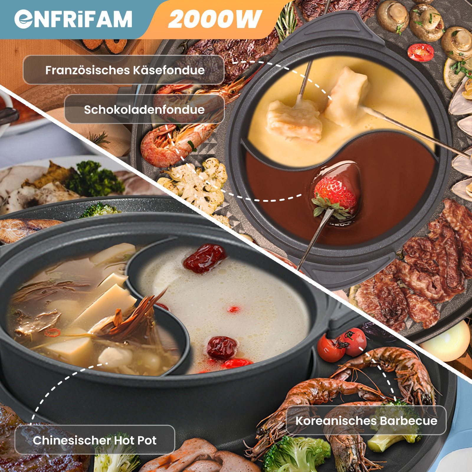ENFRIFAM Teppanyakigrill Elektrische Hot Pot mit Grill, 2 in 1 Grillplatte Party-Pfanne Elektro, Antihaftbeschichtung, für 2-8 Personen, Doppelte Trennung Design