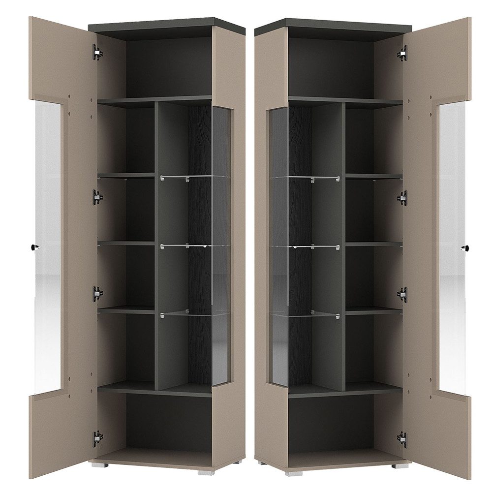 Lomadox Wohnzimmer-Set SELCE-83, (Mega-Spar-Set, 3-St., Wohnwand Vitrine Couchtisch), in beige mit anthrazit, grifflos, 3-teilig, inkl. Beleuchtung