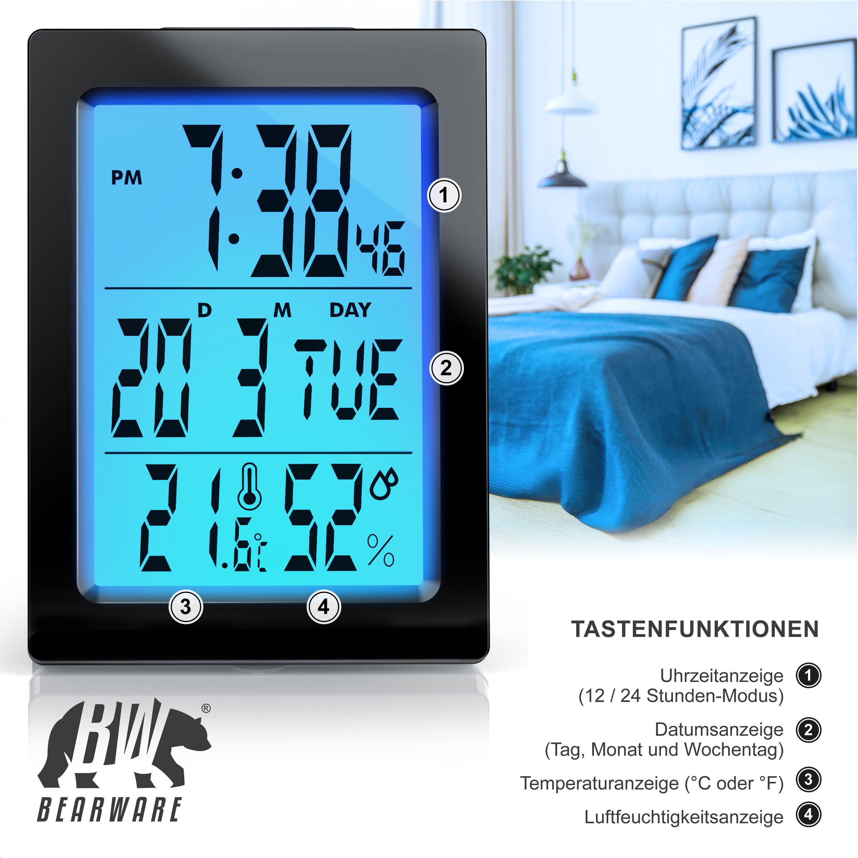 BEARWARE Wecker mit Netzteil & Akku, Musikwecker, Reisewecker mit Temperaturanzeige Schlummerfunktion, Temperatur & Luftfeuchte, 2 Alarme, kompakt