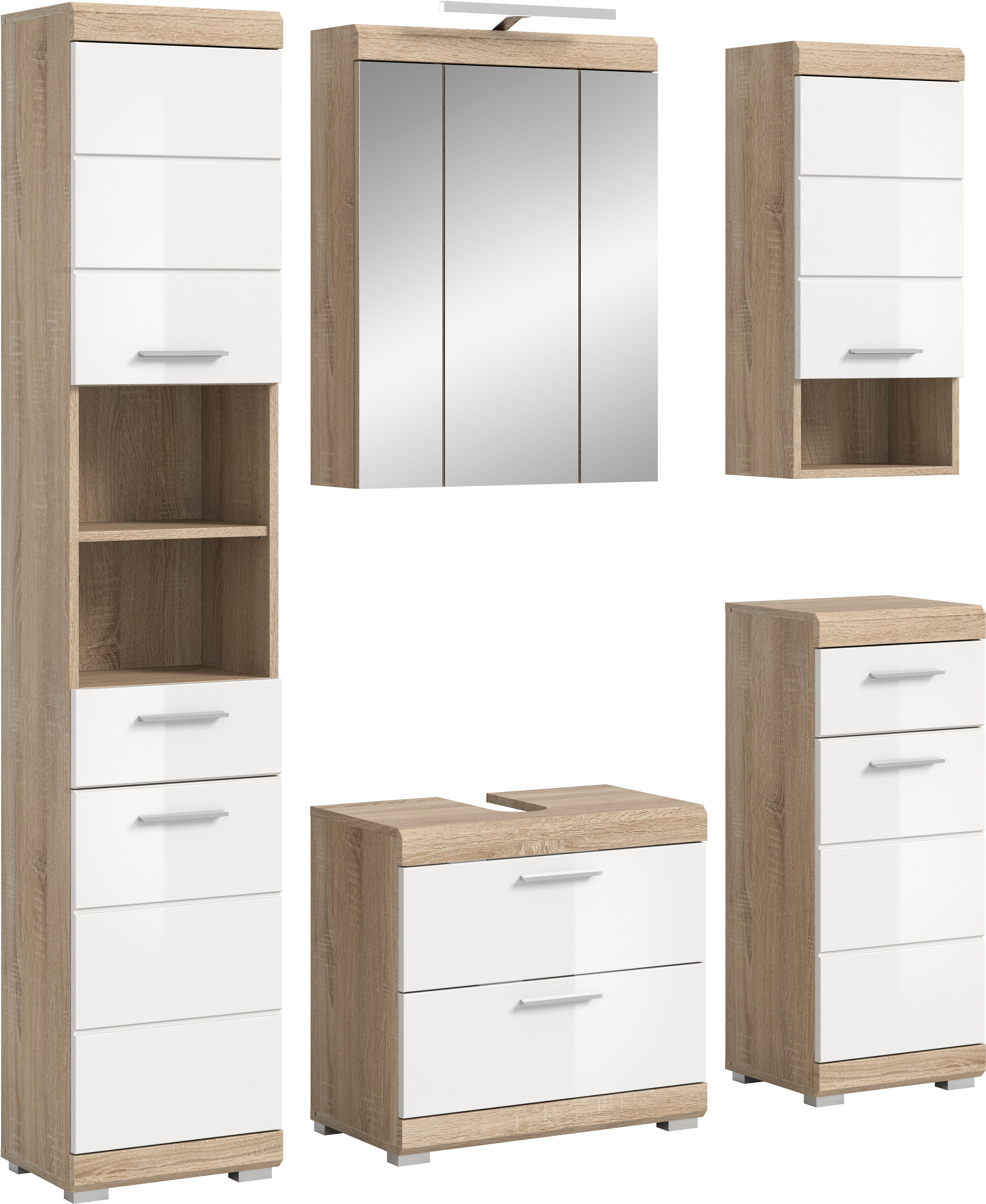 welltime Badmöbel-Set SIENA, 5 teilig, inklusive LED Beleuchtung, bestehend aus:, (Set, 5-St., TOPSELLER), Hochschrank, WBU, Spiegelschrank, Unterschrank, Hängeschrank