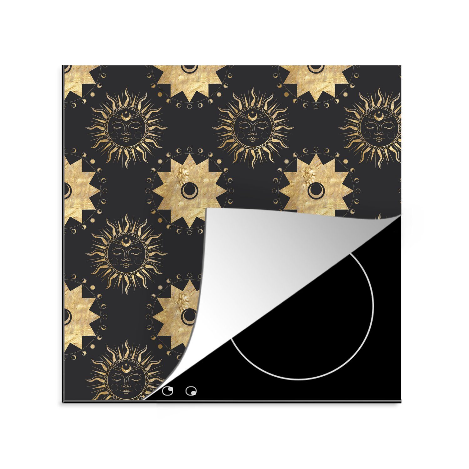 MuchoWow Herdblende-/Abdeckplatte Muster - Sonne - Sterne - Gold, Vinyl, (1 tlg), 78x78 cm, Ceranfeldabdeckung, Arbeitsplatte für küche
