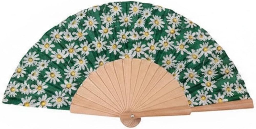 LK Trend & Style Handfächer Margeriten Blumenmuster Holzstäbe, (Für Festival & Hochzeit, Sommerliches Accessoire, Für Büro & Unterwegs, 1-tlg., ca. 21 x 40 cm, Faltbar, Farbenfroh), Ventilator aus der Handtasche