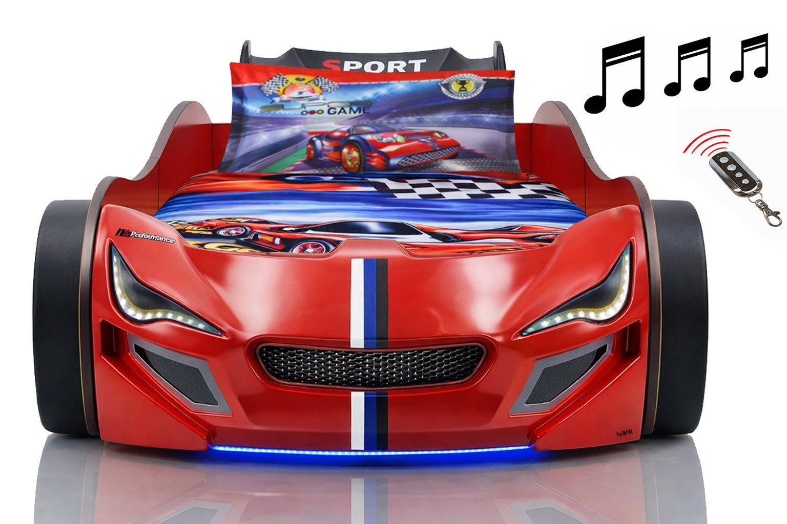 Aileenstore Autobett TURBO GTE (inkl. Zubehör), Kinderbett 90x200, Lattenrost,LED,Unterbodenlicht,Sound,Fernbedienung