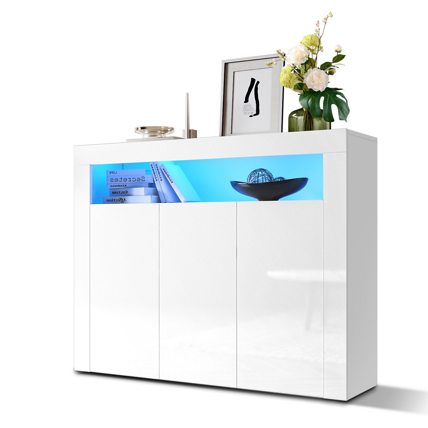 SONNI Kommode Sideboard, Weiss Hochglanz mit LED, 116x93x35cm, Wohnzimmer mit LED, Kommodenschrank, Sideboard für Küche