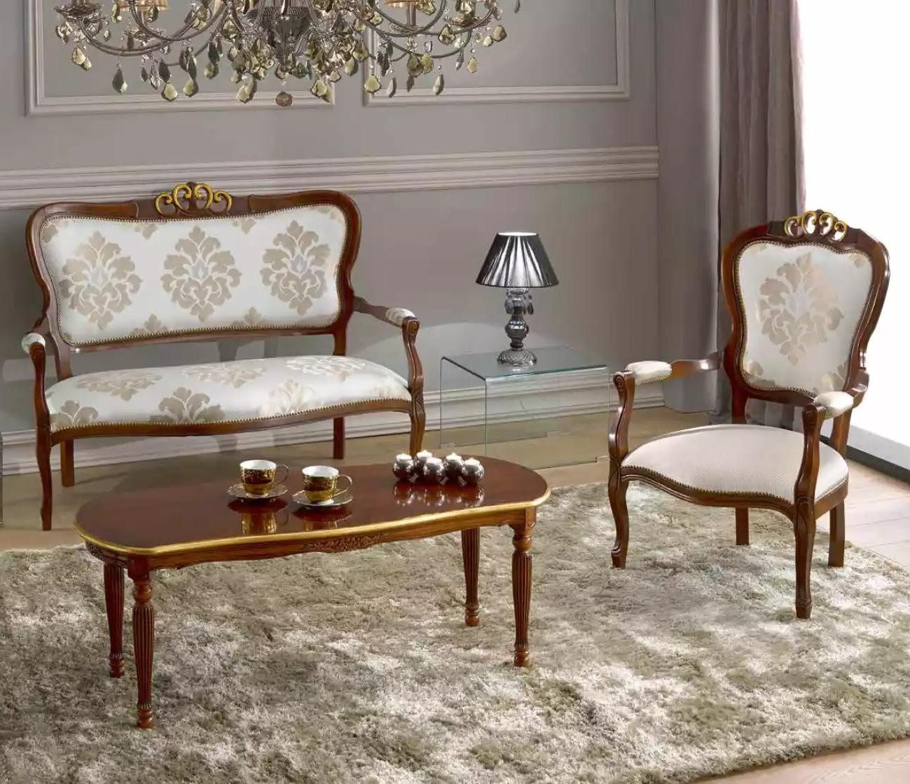 Xlmoebel Polstergarnitur Klassisches Zweisitzer-Sofa mit Sessel und Couchtisch aus Holz, (3-tlg., Set 3 tlg(Sitzgarnitur 2 + 1 Sitzer+ Couchtisch), Hergestellt in Europa