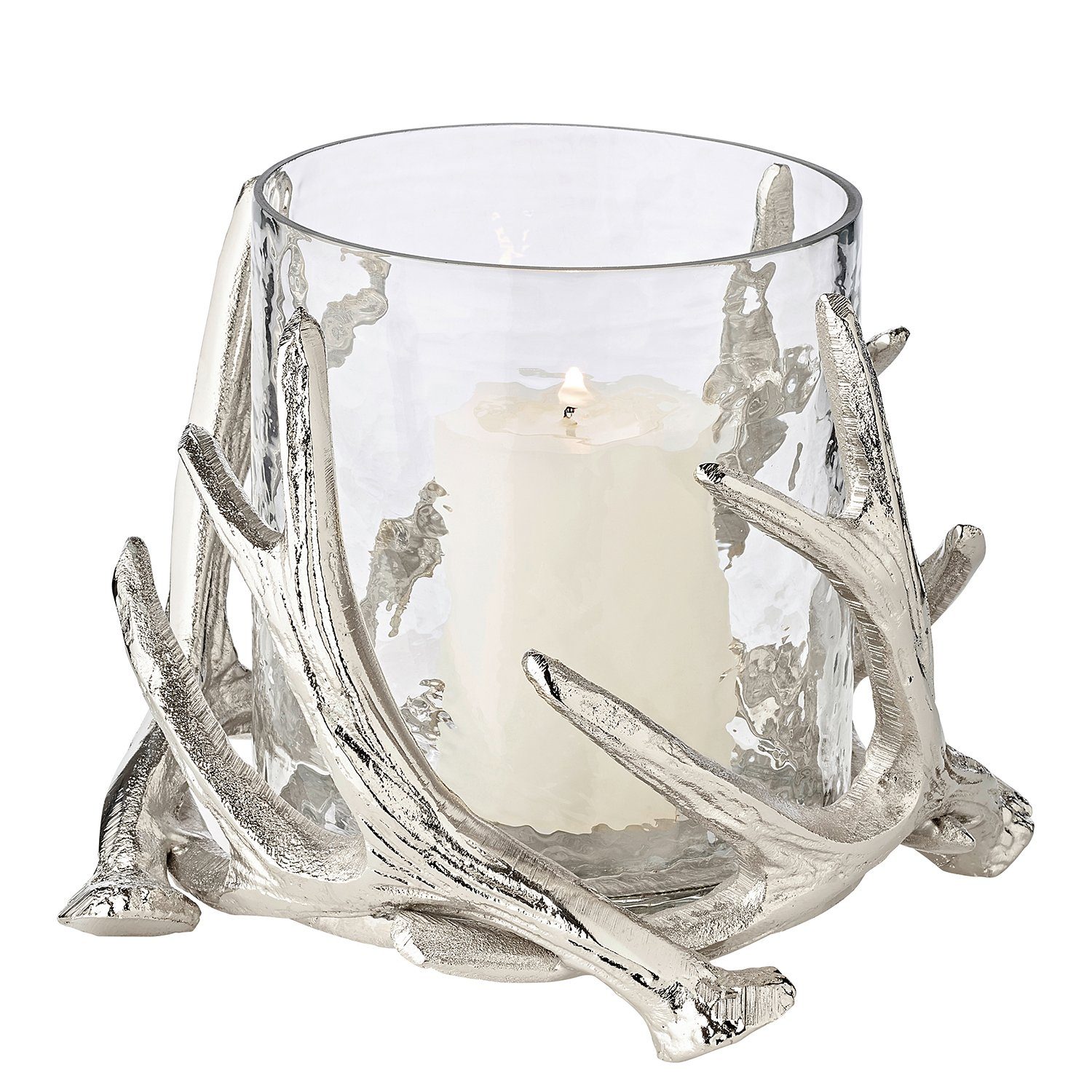 EDZARD Windlicht Kingston, Silber-Optik, Geweih-Motiv, H 15 cm, Ø 17 cm
